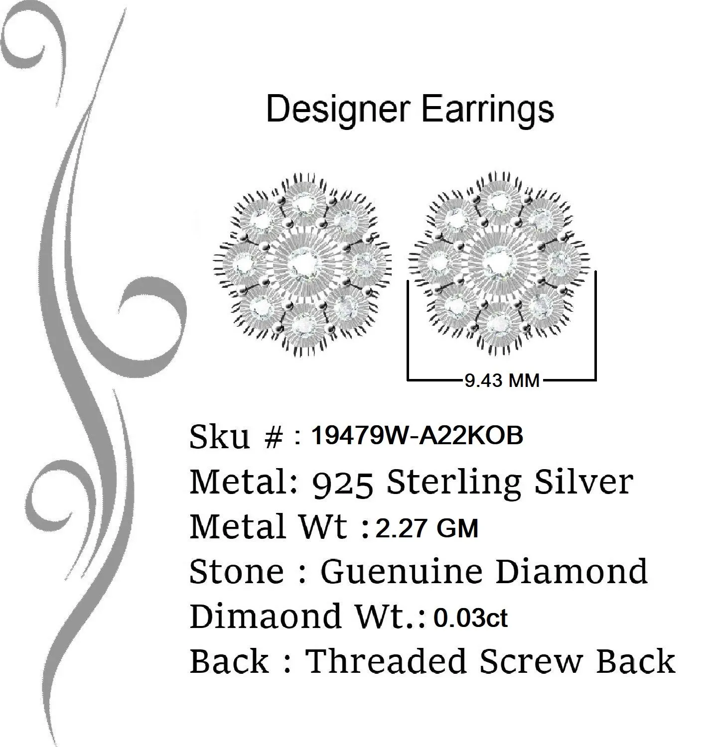 King Of Bling's 0.03ct Diamond 925 Sterling Silver White Floral Earrings For Men's & Women's