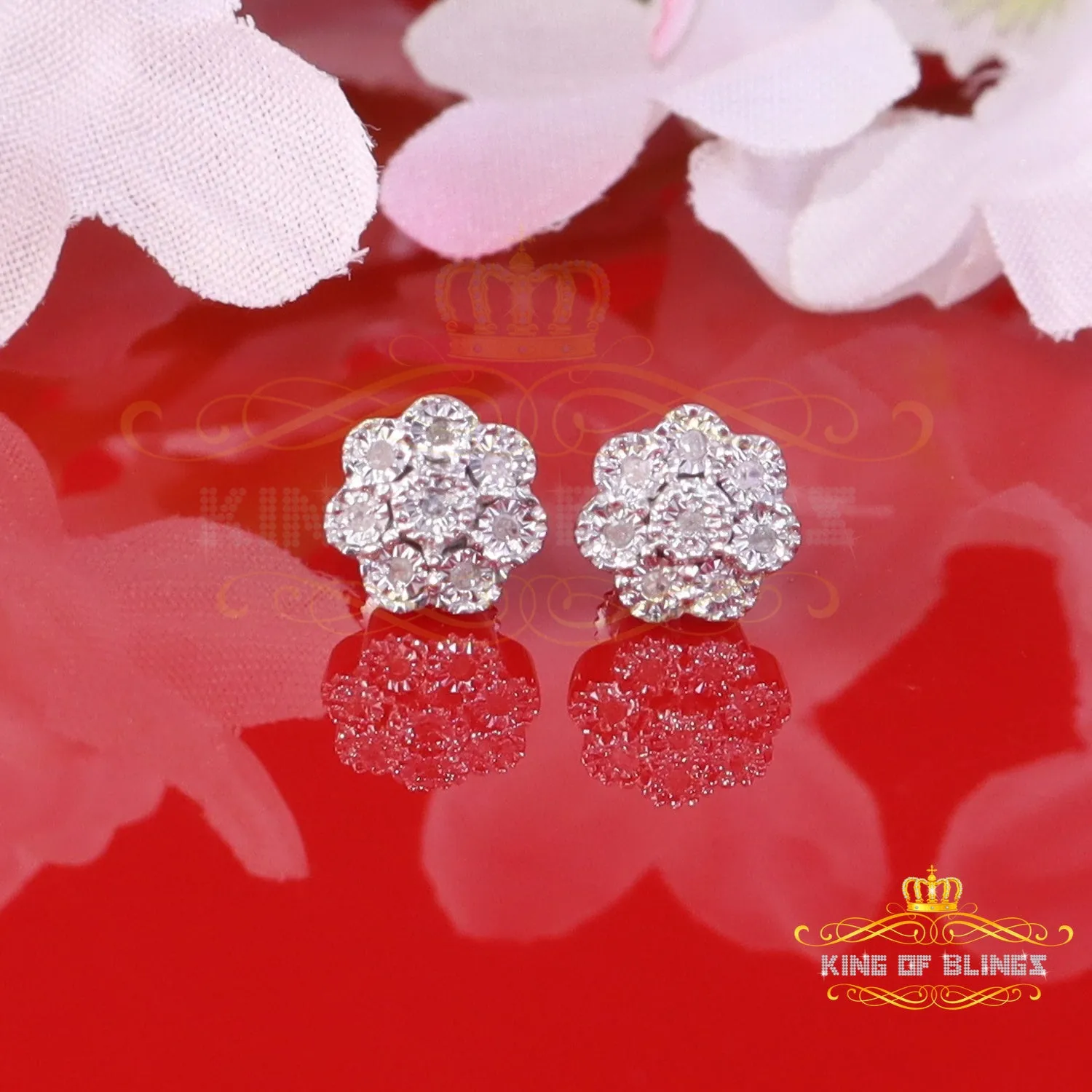 King Of Bling's 0.03ct Diamond 925 Sterling Silver White Floral Earrings For Men's & Women's