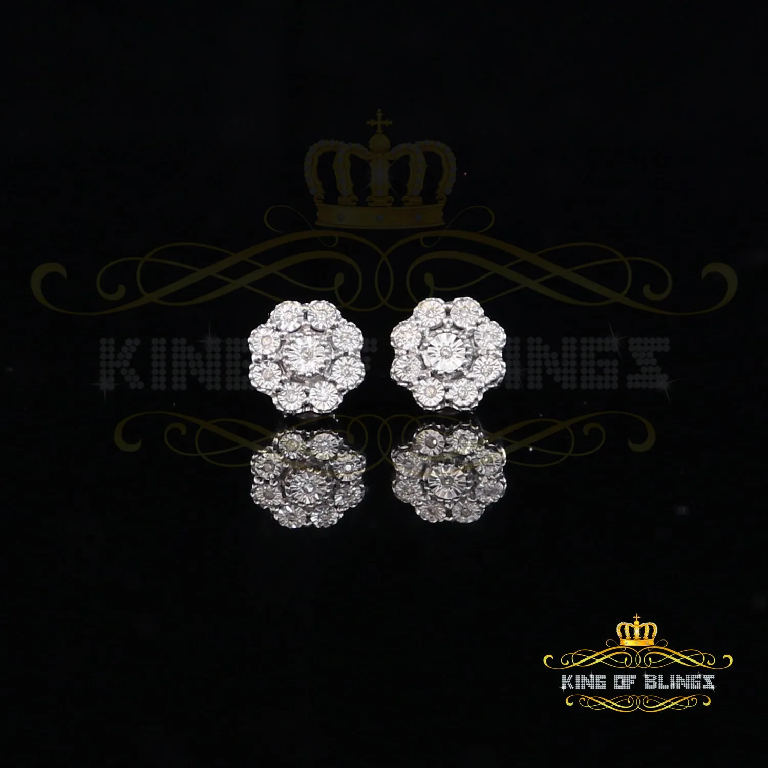 King Of Bling's 0.03ct Diamond 925 Sterling Silver White Floral Earrings For Men's & Women's