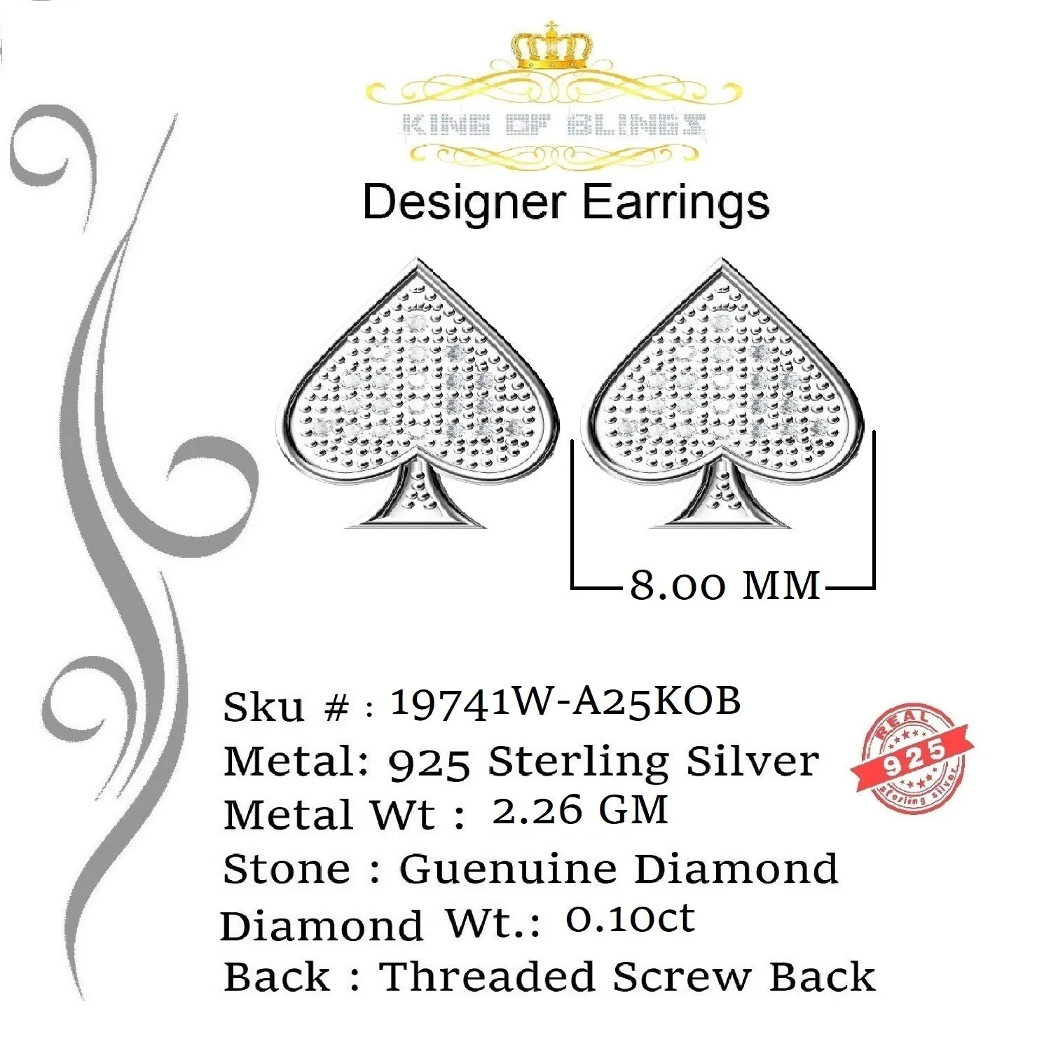 King Of Bling's 925 Sterling Silver White 0.10ct Diamond For Women's / Men's Stud Heart Earring