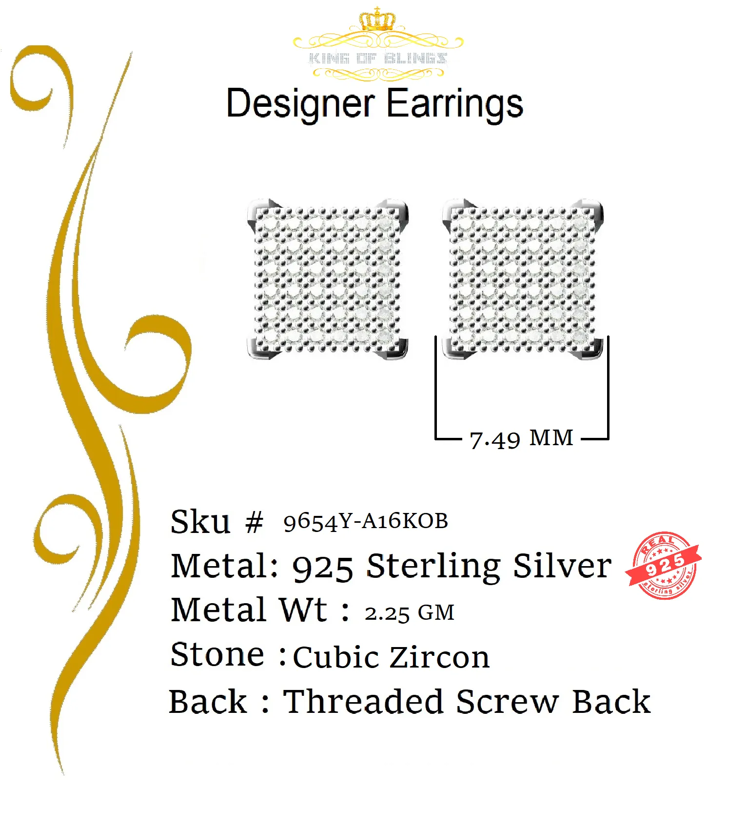 King of Bling's Aretes Para Hombre 925 Yellow Silver 0.72ct Cubic Zirconia Round Womens Earrings