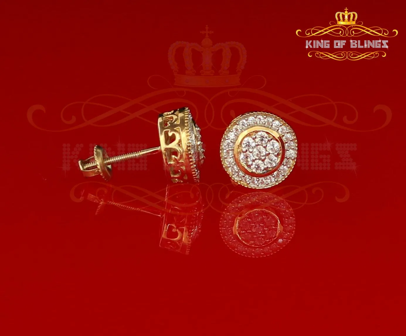 King of Bling's Aretes Para Hombre 925 Yellow Silver 1.59ct Cubic Zirconia Round Women's Earring