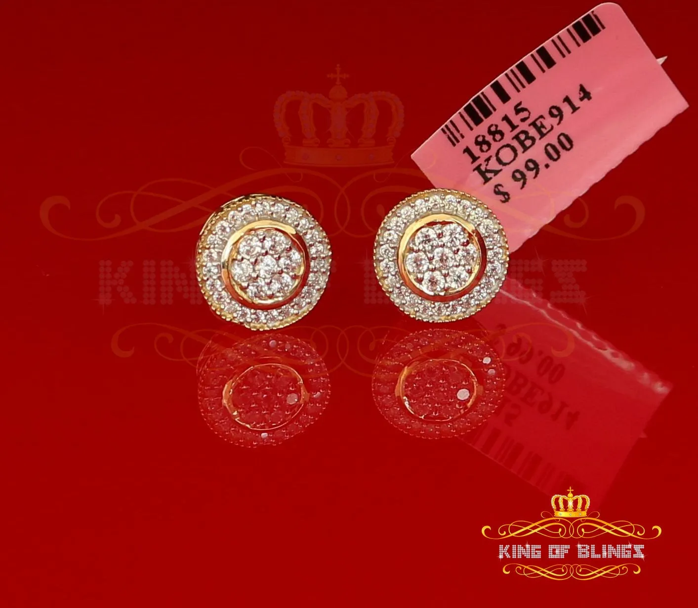King of Bling's Aretes Para Hombre 925 Yellow Silver 1.59ct Cubic Zirconia Round Women's Earring