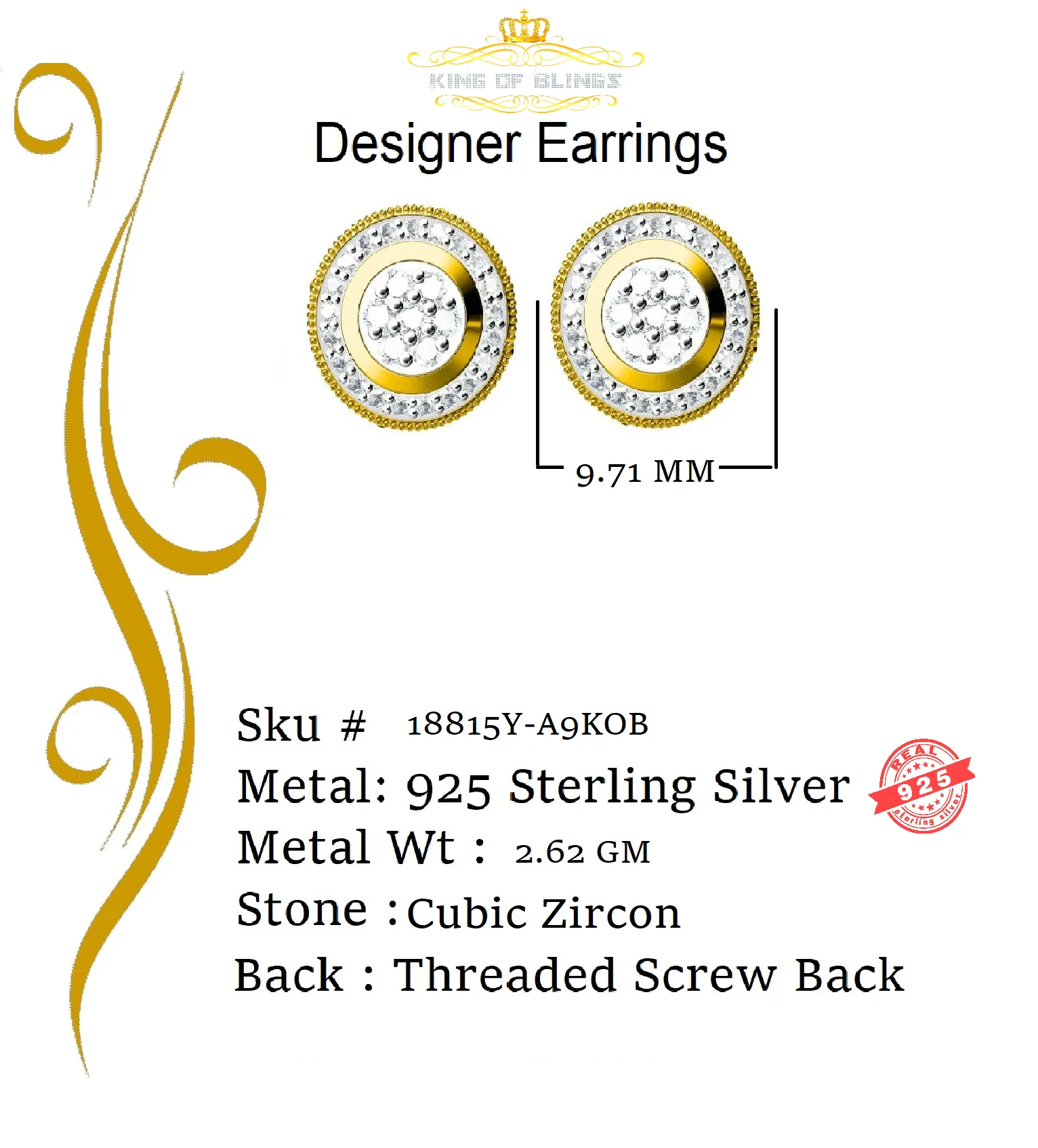 King of Bling's Aretes Para Hombre 925 Yellow Silver 1.59ct Cubic Zirconia Round Women's Earring