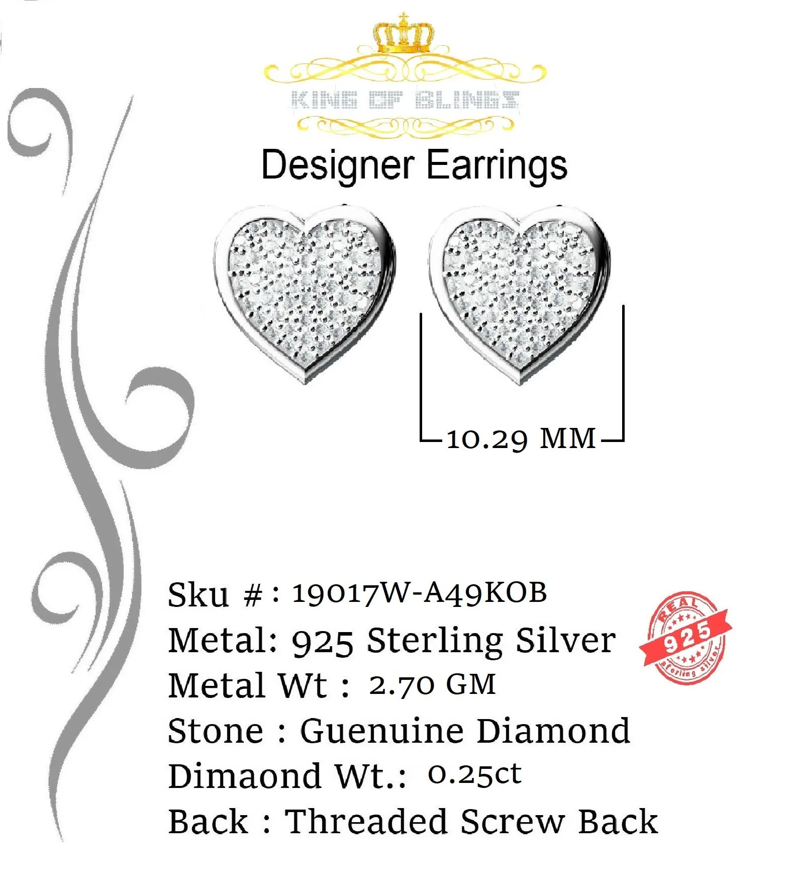 King Of Bling's Heart 925 White Silver 0.25ct Diamond Women's & Men's Fashion Style Earring