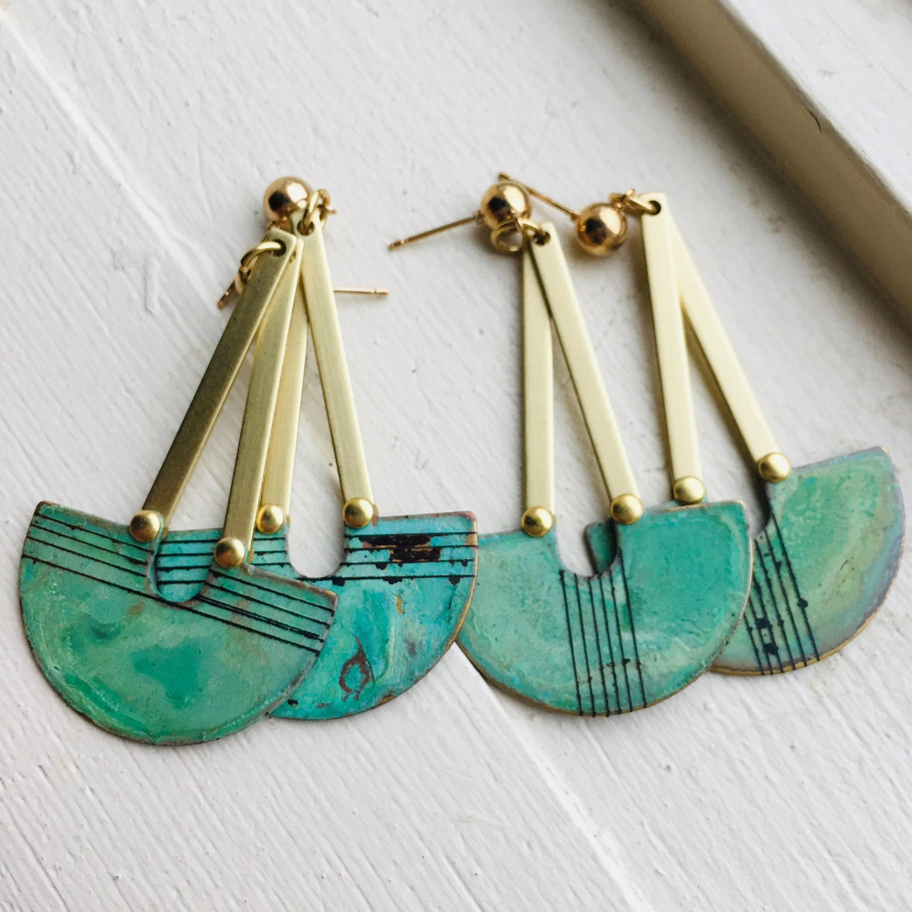 Long Brass Post Statement Earring With Teal Arch and Hand Scribed Lines