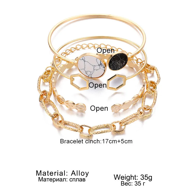Marble Geometric Chain Alloy Bracelet Set 4 Pieces