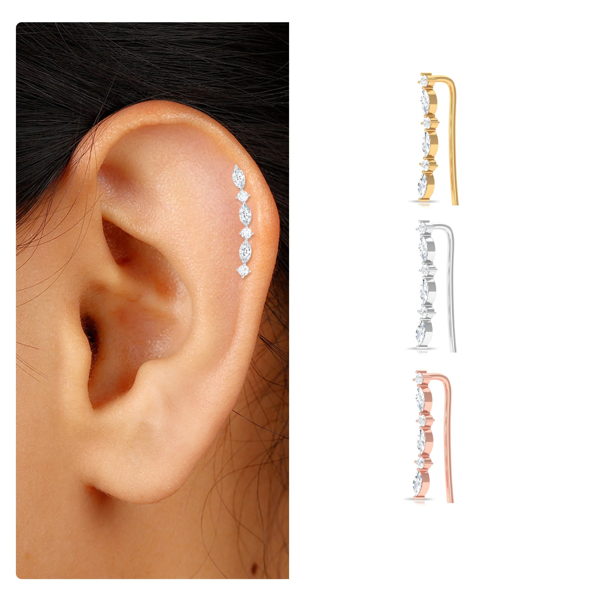Marquise and Round Moissanite Unique Climber Earring