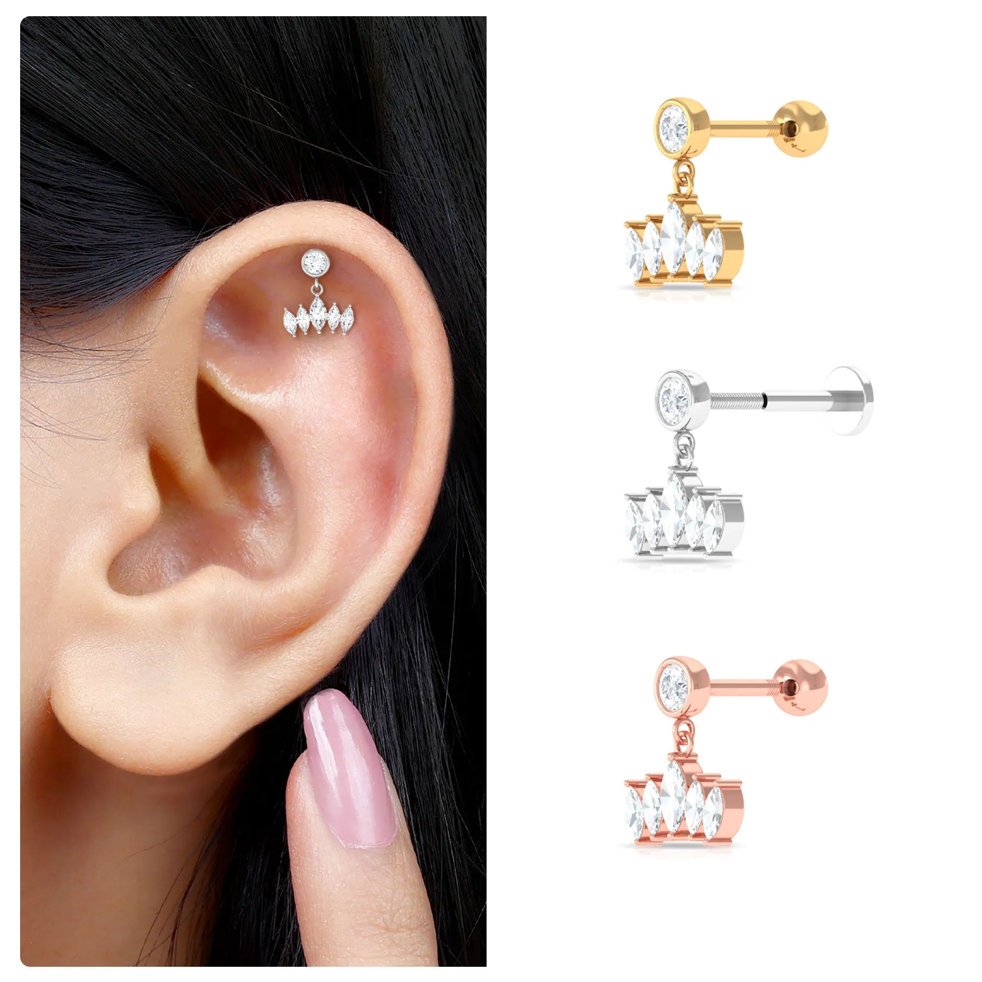 Marquise Moissanite Crown Dangle Earring for Cartilage Piercing