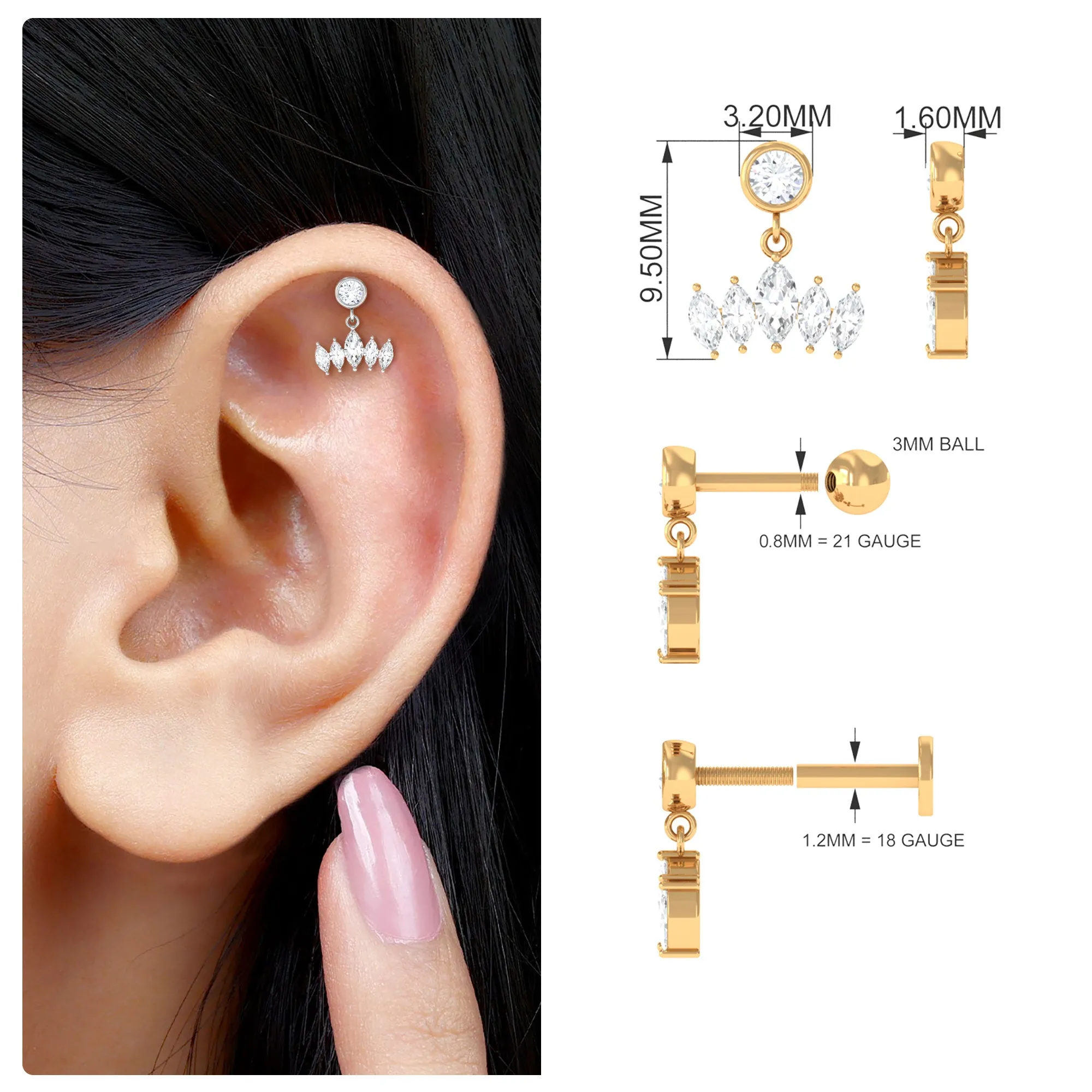 Marquise Moissanite Crown Dangle Earring for Cartilage Piercing