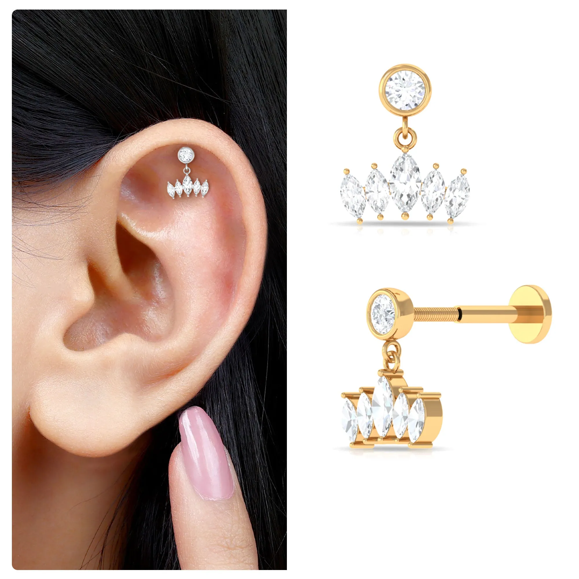 Marquise Moissanite Crown Dangle Earring for Cartilage Piercing