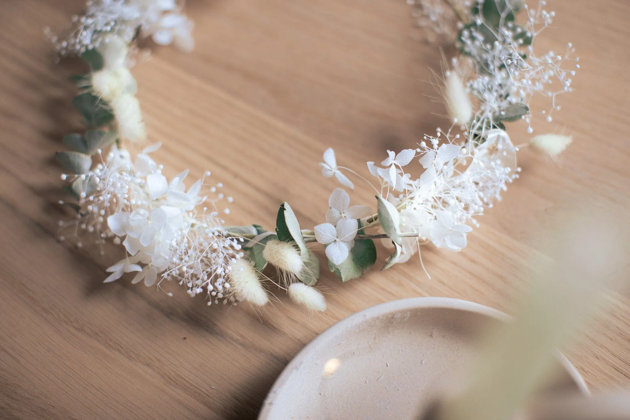 Mini Baby's Breath and Dried Eucalyptus Crown / Bunny Tails Preserved Hydrangea Bridal Flower Crown