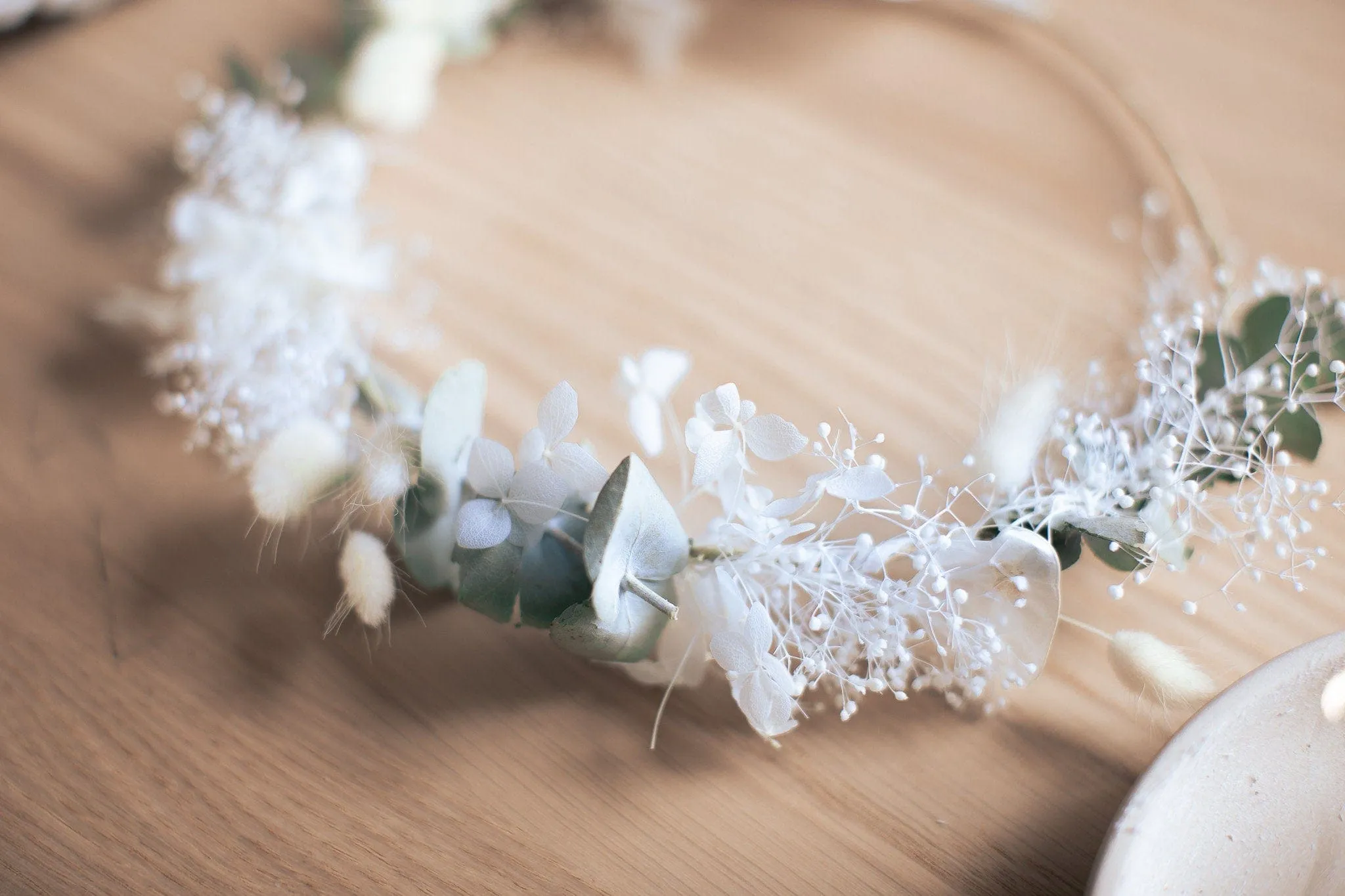 Mini Baby's Breath and Dried Eucalyptus Crown / Bunny Tails Preserved Hydrangea Bridal Flower Crown