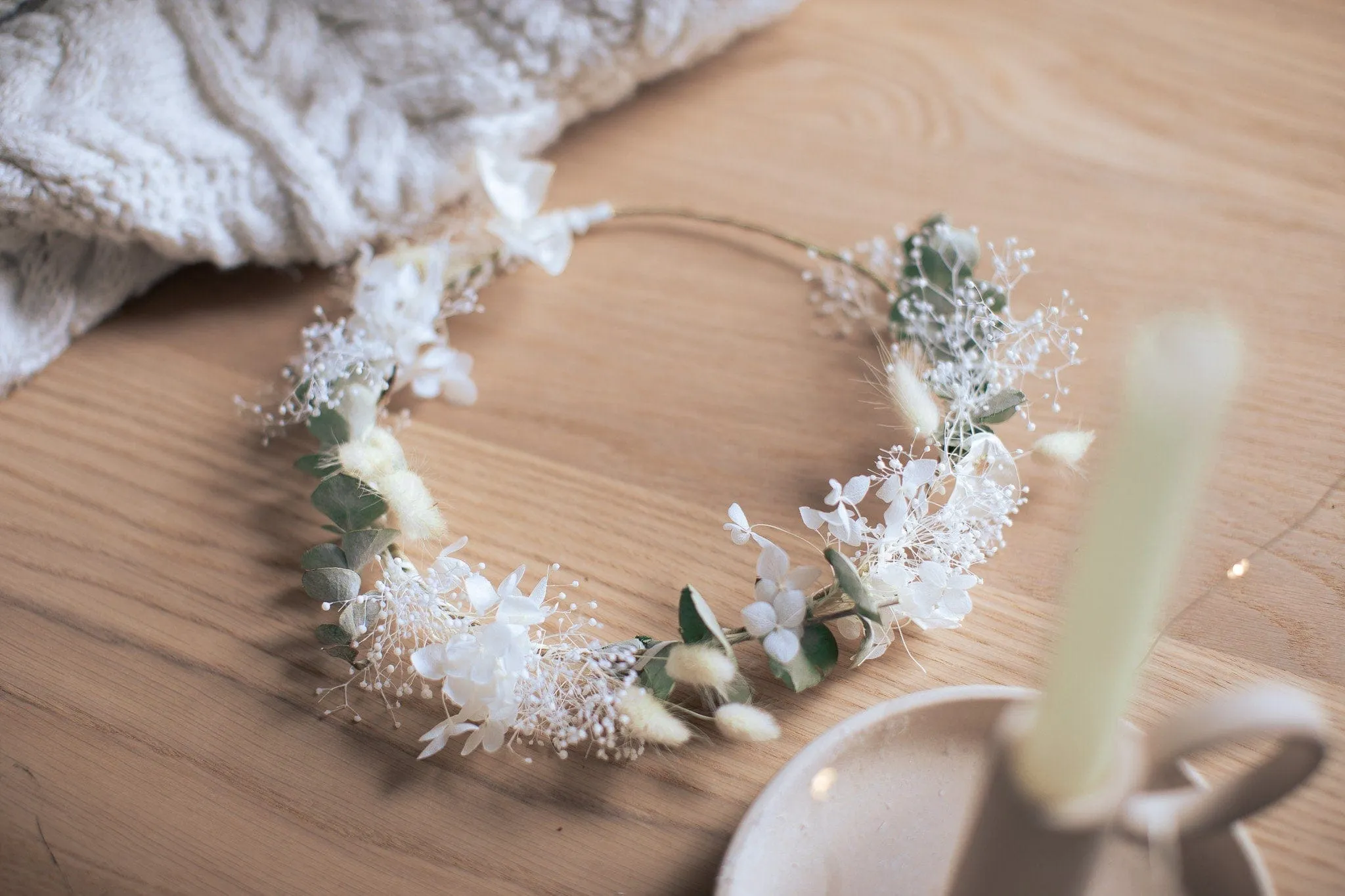 Mini Baby's Breath and Dried Eucalyptus Crown / Bunny Tails Preserved Hydrangea Bridal Flower Crown