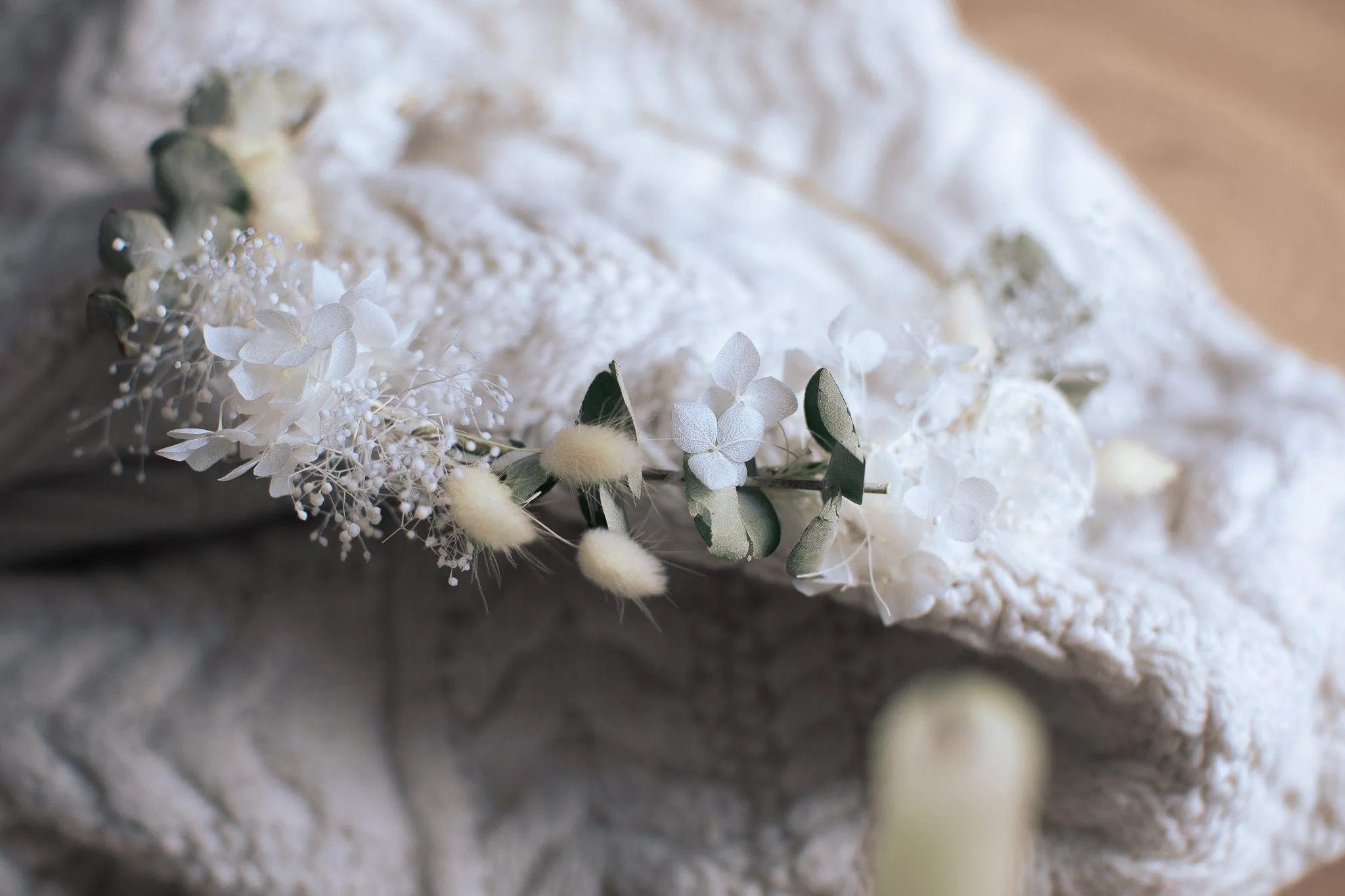 Mini Baby's Breath and Dried Eucalyptus Crown / Bunny Tails Preserved Hydrangea Bridal Flower Crown