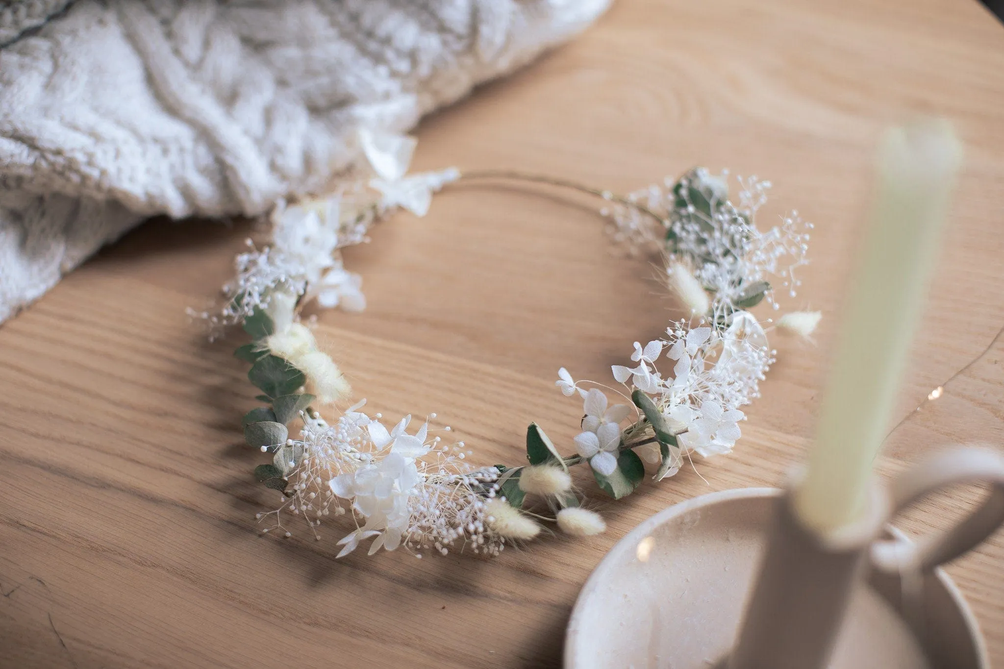 Mini Baby's Breath and Dried Eucalyptus Crown / Bunny Tails Preserved Hydrangea Bridal Flower Crown