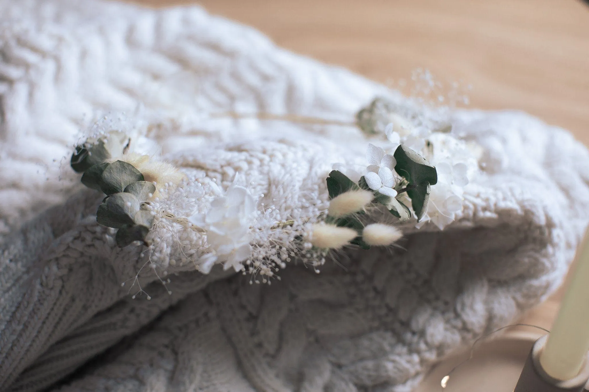 Mini Baby's Breath and Dried Eucalyptus Crown / Bunny Tails Preserved Hydrangea Bridal Flower Crown