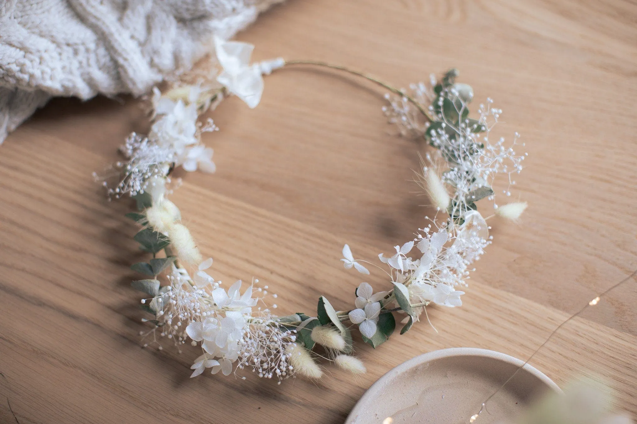 Mini Baby's Breath and Dried Eucalyptus Crown / Bunny Tails Preserved Hydrangea Bridal Flower Crown