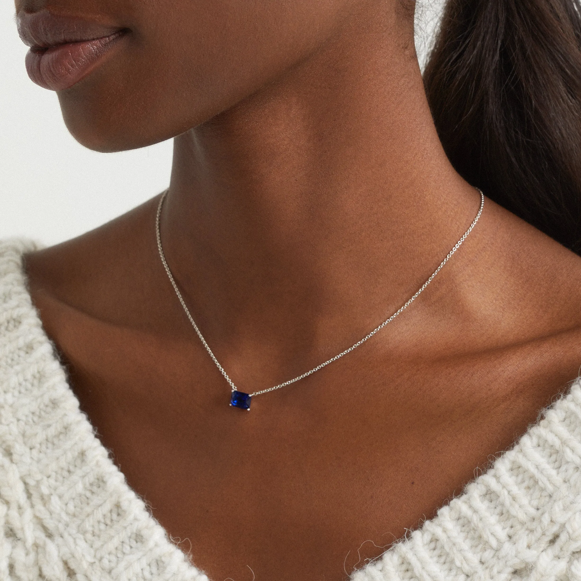 MODERN LOVE LARGE EMERALD CUT FAUX SAPPHIRE NECKLACE
