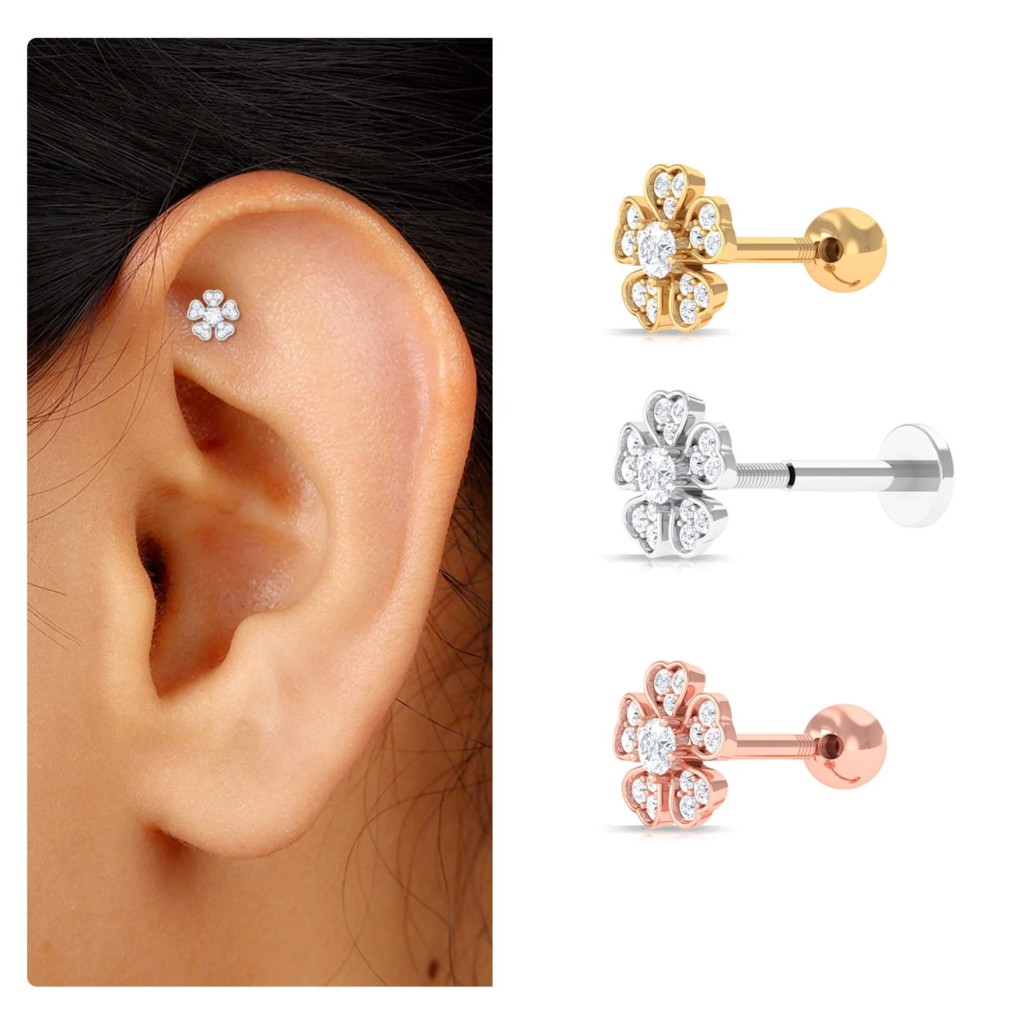 Moissanite Floral Earring for Helix Piercing