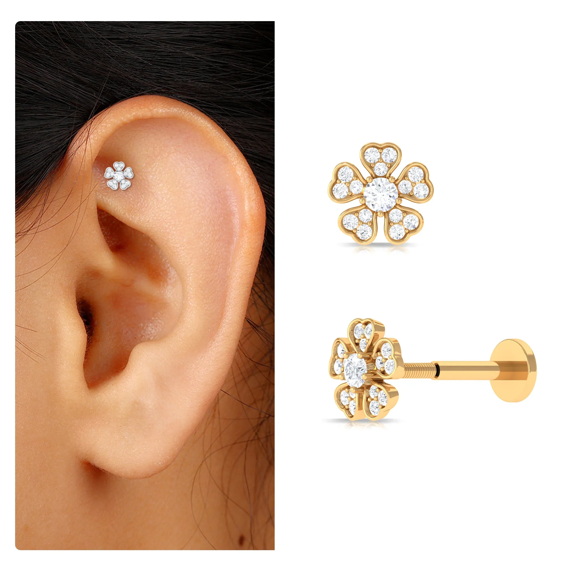 Moissanite Floral Earring for Helix Piercing
