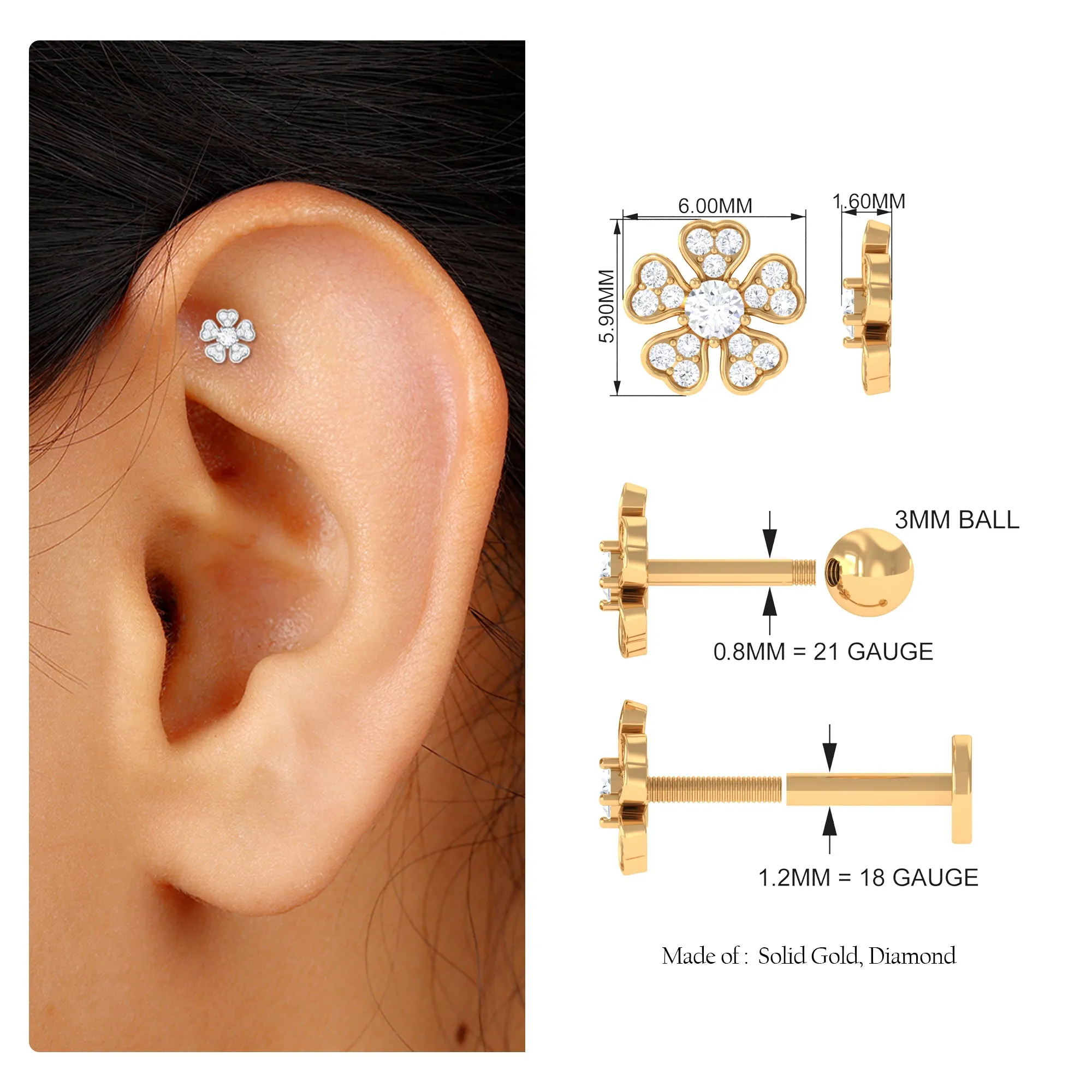 Moissanite Floral Earring for Helix Piercing