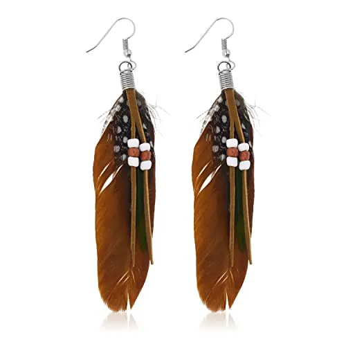Mudra Crafts Boho Feather Earrings for Women - Bohemian Earrings - Lightweight Feather Dangle Earrings Hippie Earrings for Women Girls
