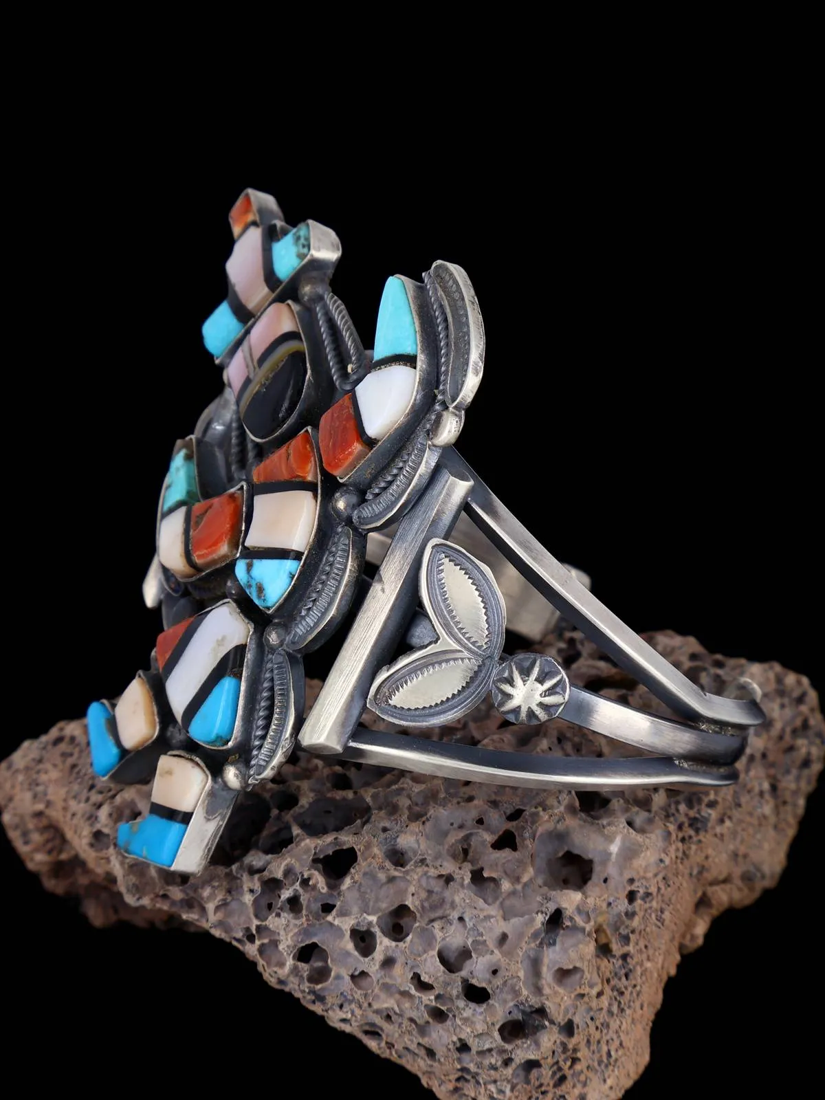 Native American Sterling Silver Vintage Zuni Inlay Turquoise Bracelet