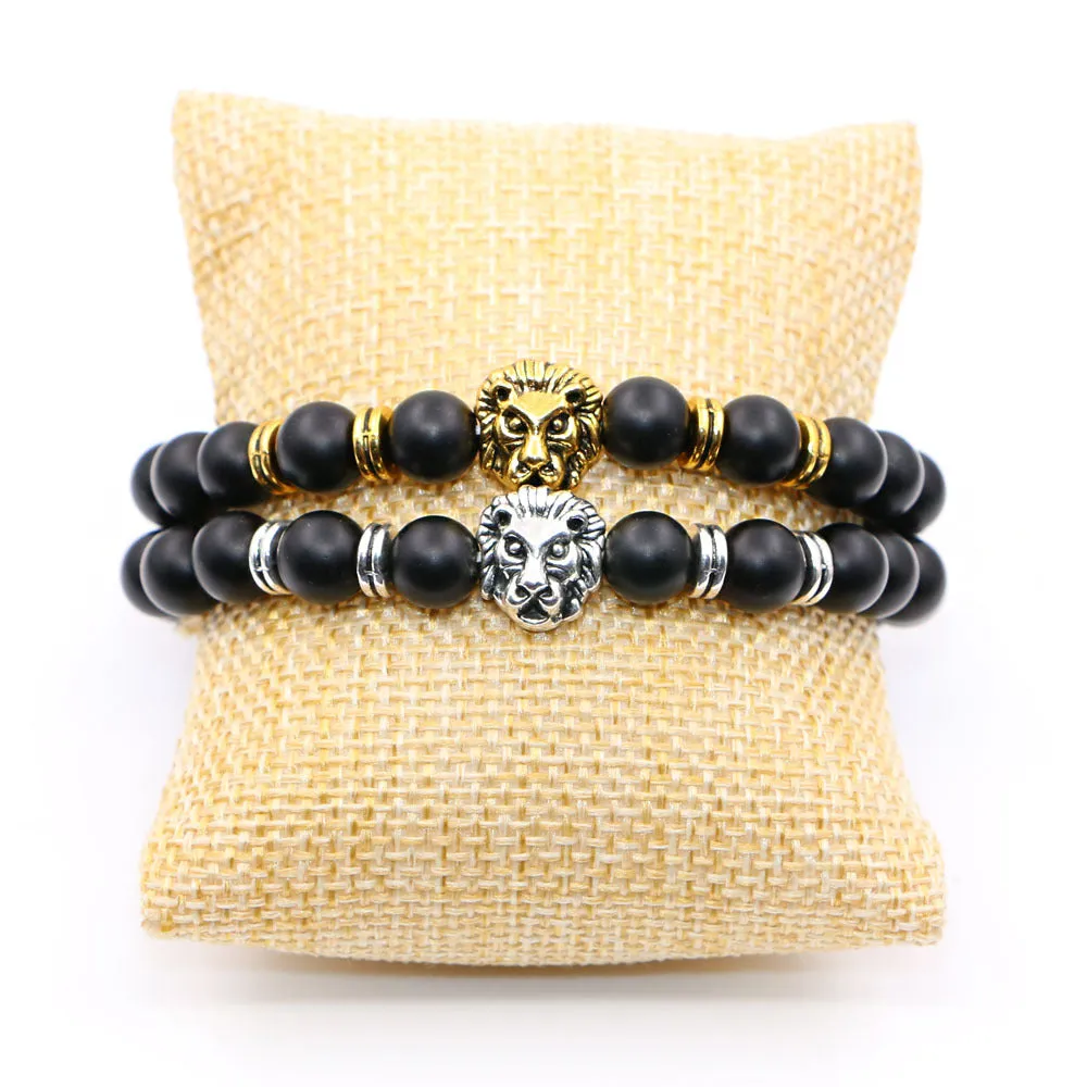 Natural Frosted Stone Matt Black Fashion Agate Jewelry Alloy Lion's Head Elastic String Bracelet