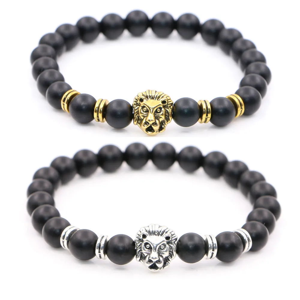 Natural Frosted Stone Matt Black Fashion Agate Jewelry Alloy Lion's Head Elastic String Bracelet