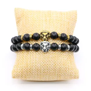 Natural Frosted Stone Matt Black Fashion Agate Jewelry Alloy Lion's Head Elastic String Bracelet