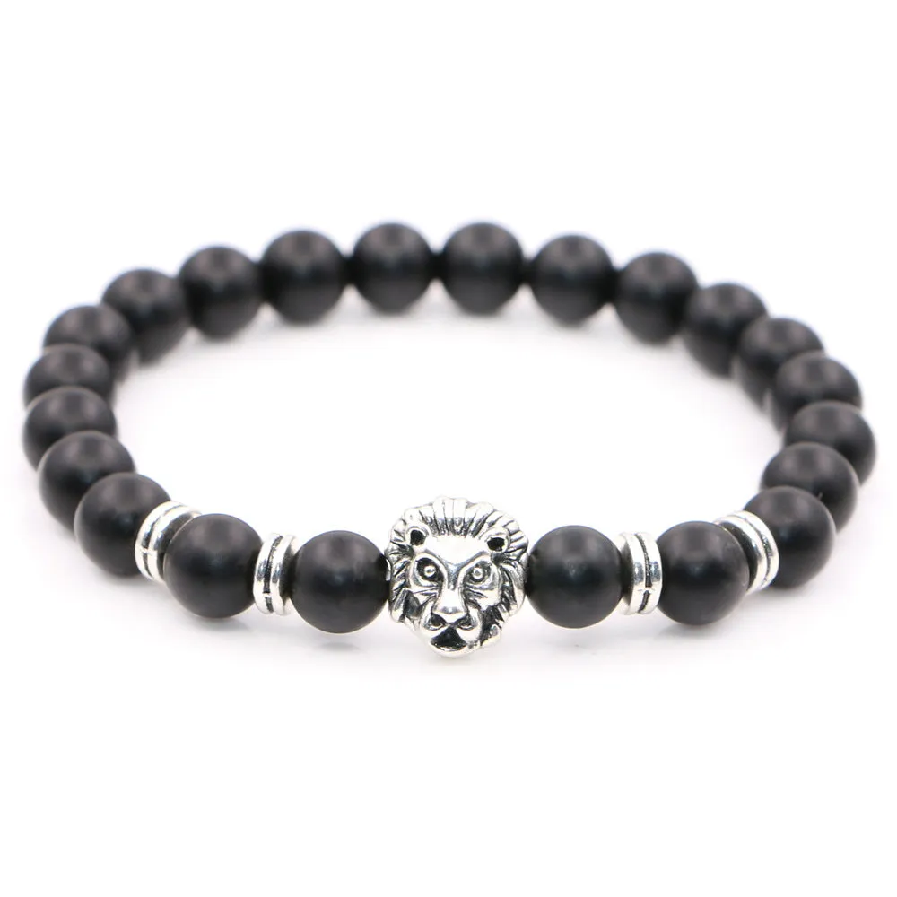 Natural Frosted Stone Matt Black Fashion Agate Jewelry Alloy Lion's Head Elastic String Bracelet