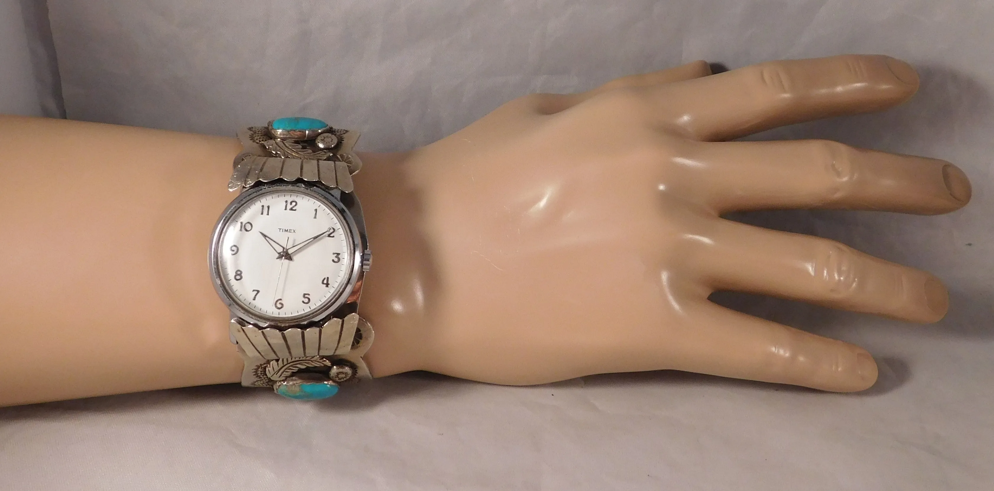 Navajo Native American Sterling Silver Turquoise Mens Watch Cuff Bracelet