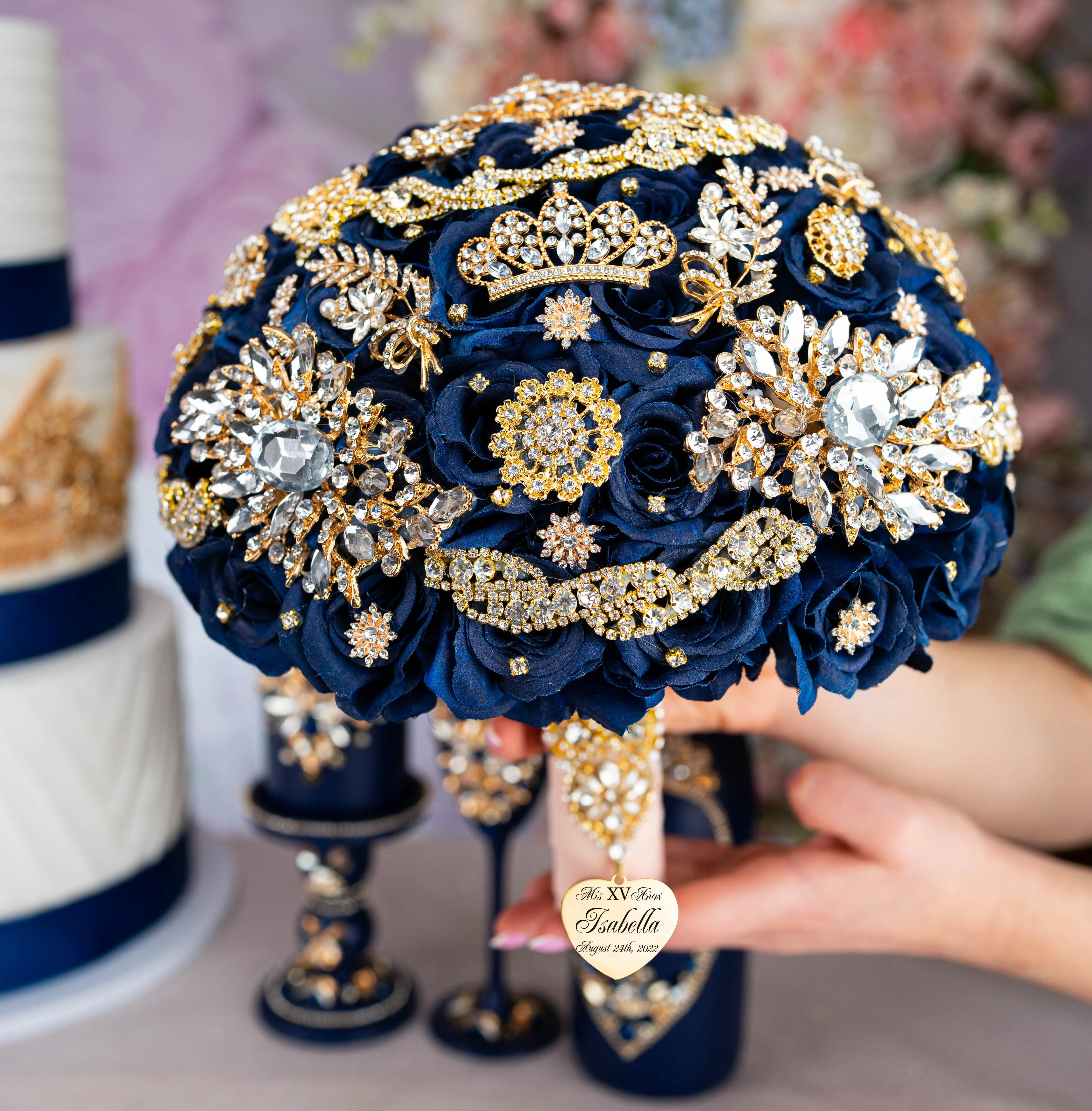 Navy Blue with gold quinceanera tiara pillow