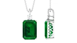 Octagon Cut Created Emerald Solitaire Pendant with Moissanite