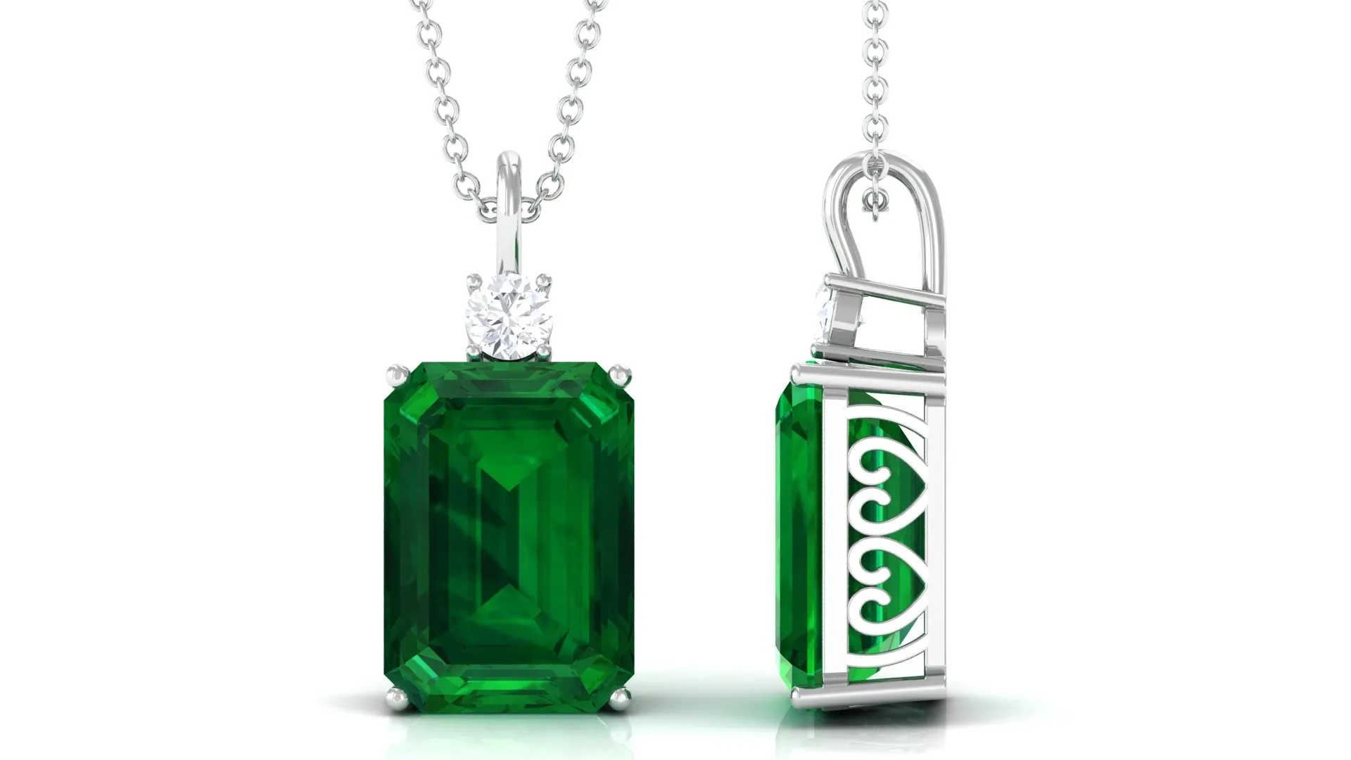 Octagon Cut Created Emerald Solitaire Pendant with Moissanite