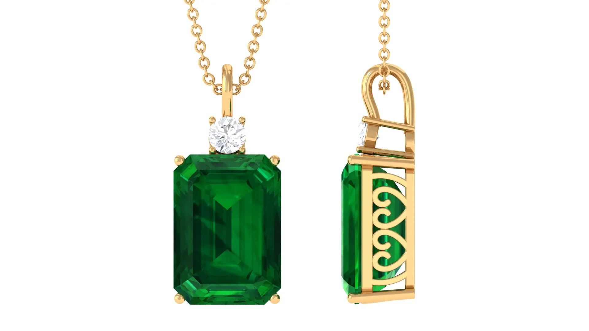 Octagon Cut Created Emerald Solitaire Pendant with Moissanite
