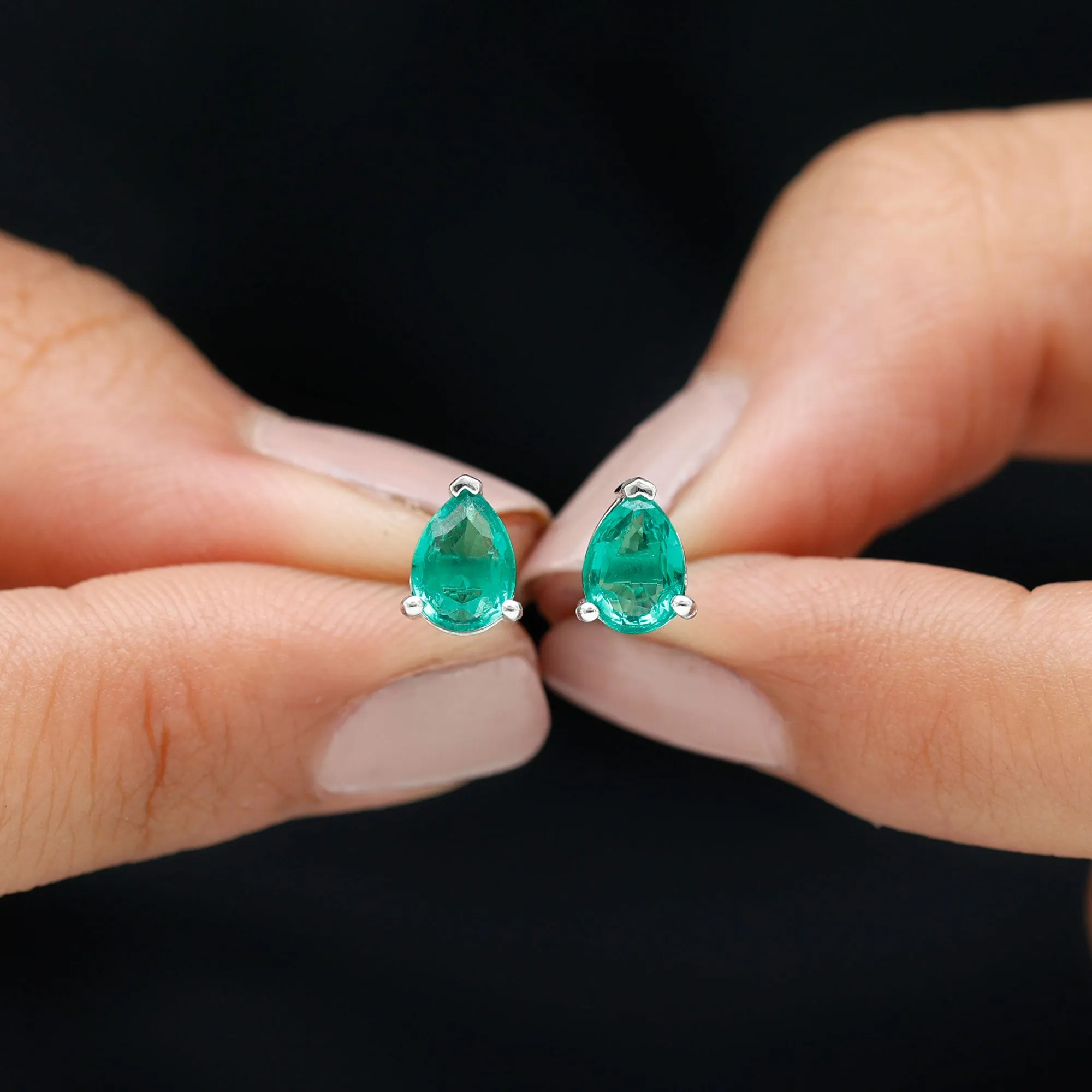 Pear Cut Lab Grown Emerald Solitaire Stud Earrings in 3 Prong Setting