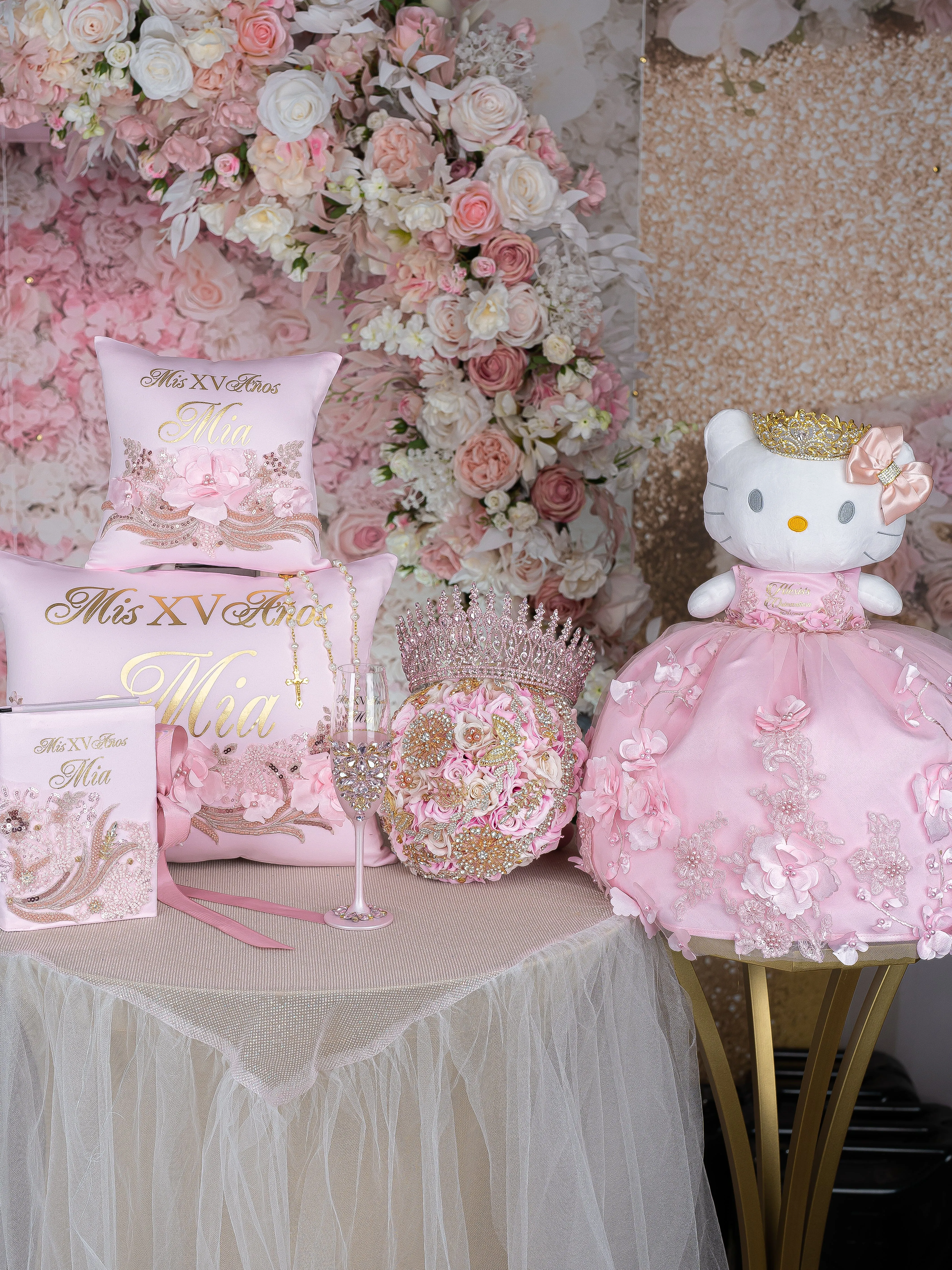 Pink and Gold quinceanera crown and tiara pillow
