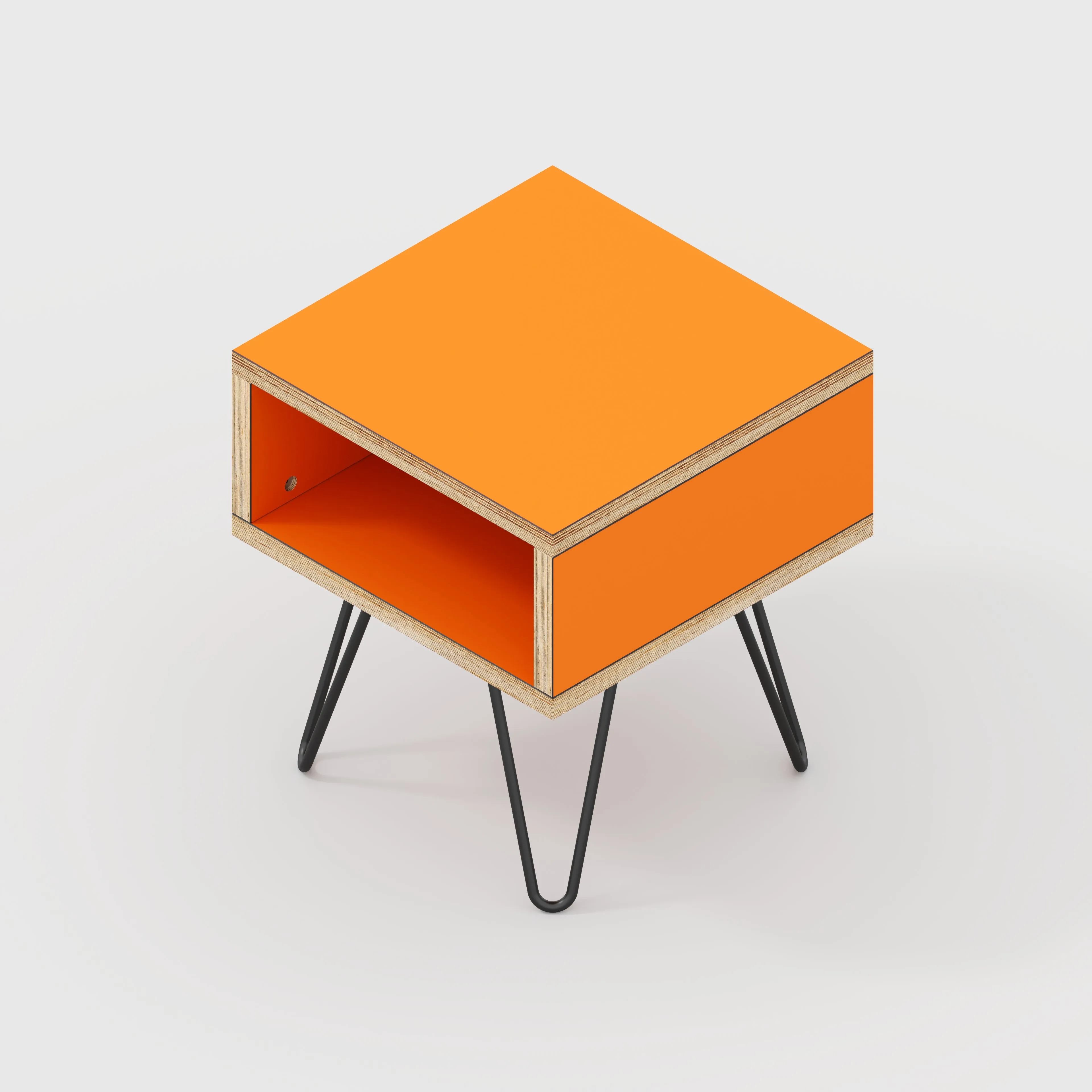 Plywood Bedside Table with Box Storage and Black Hairpin Legs - Formica Levante Orange - 400(w) x 400(d) x 450(h)