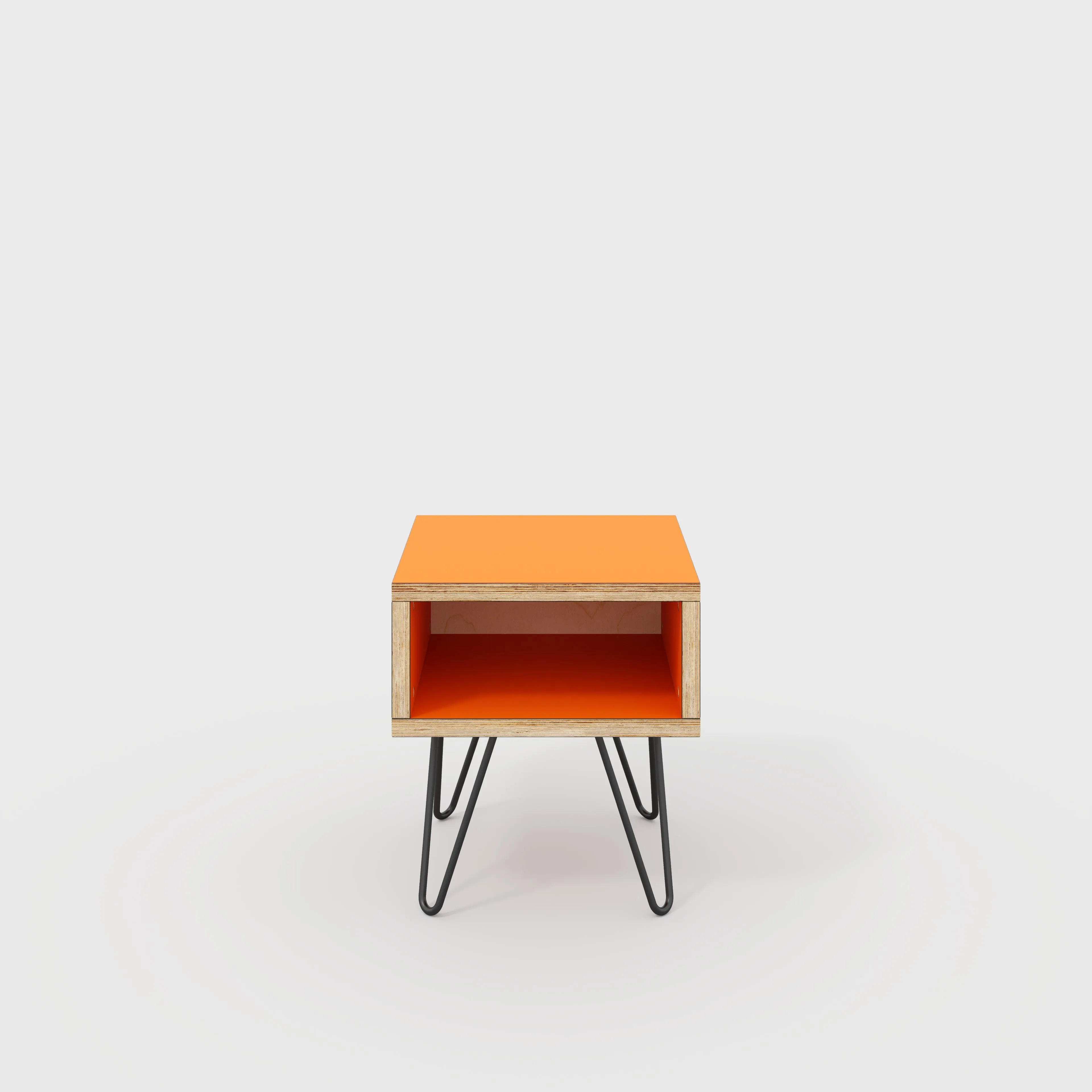 Plywood Bedside Table with Box Storage and Black Hairpin Legs - Formica Levante Orange - 400(w) x 400(d) x 450(h)