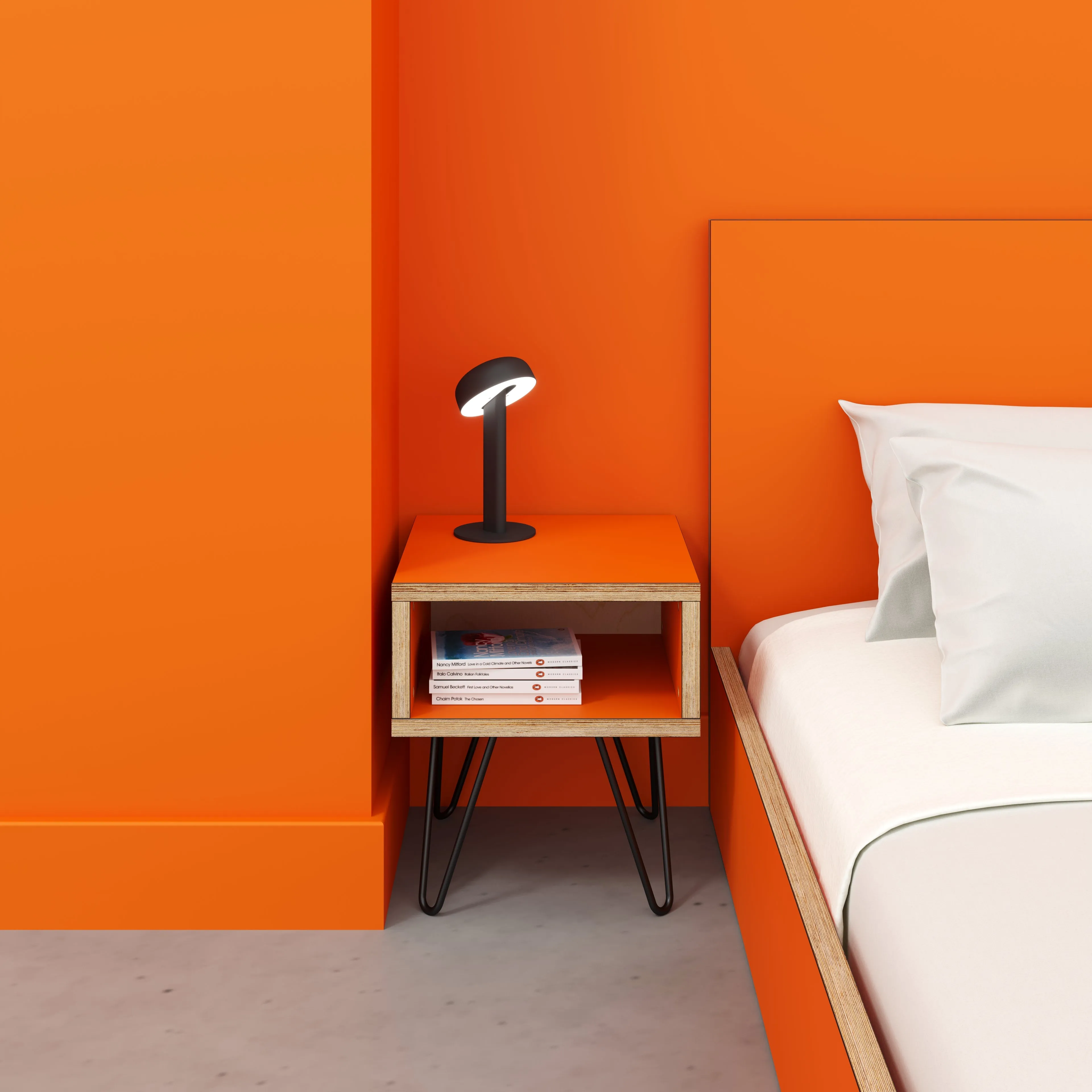 Plywood Bedside Table with Box Storage and Black Hairpin Legs - Formica Levante Orange - 400(w) x 400(d) x 450(h)