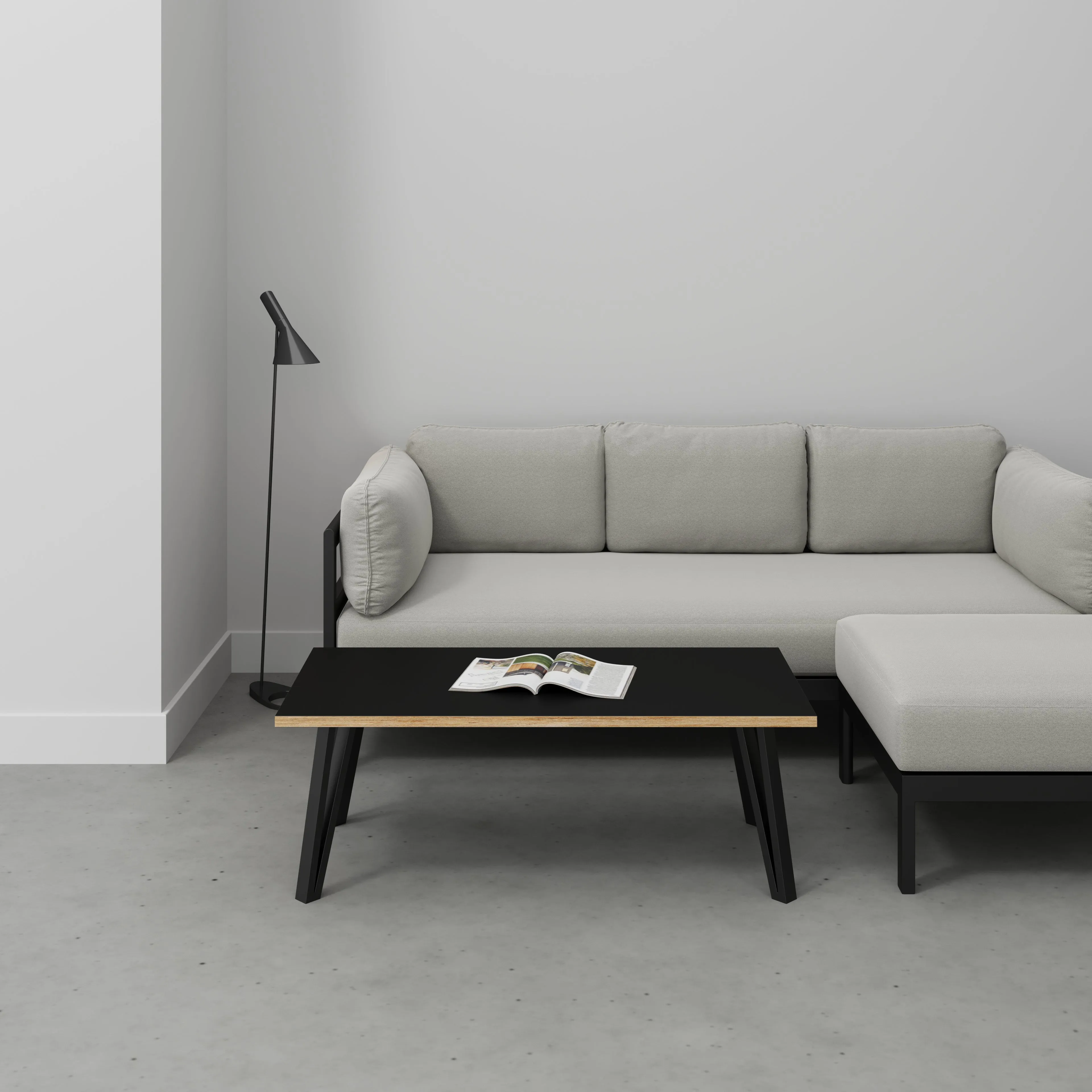 Plywood Coffee Table with Black Box Hairpin Legs - Formica Diamond Black - 1200(w) x 600(d) x 425(h)