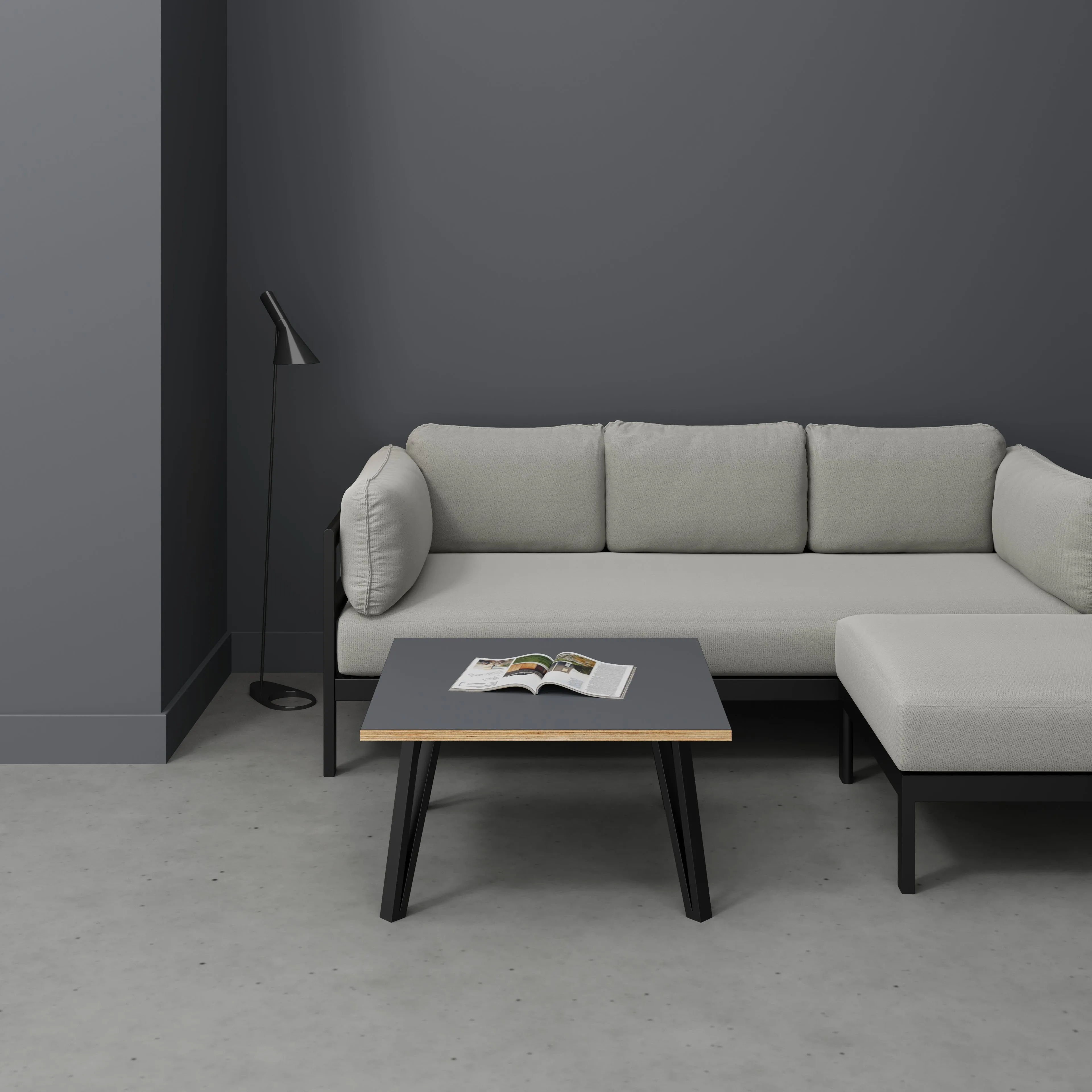 Plywood Coffee Table with Black Box Hairpin Legs - Formica Tornado Grey - 800(w) x 800(d) x 425(h)