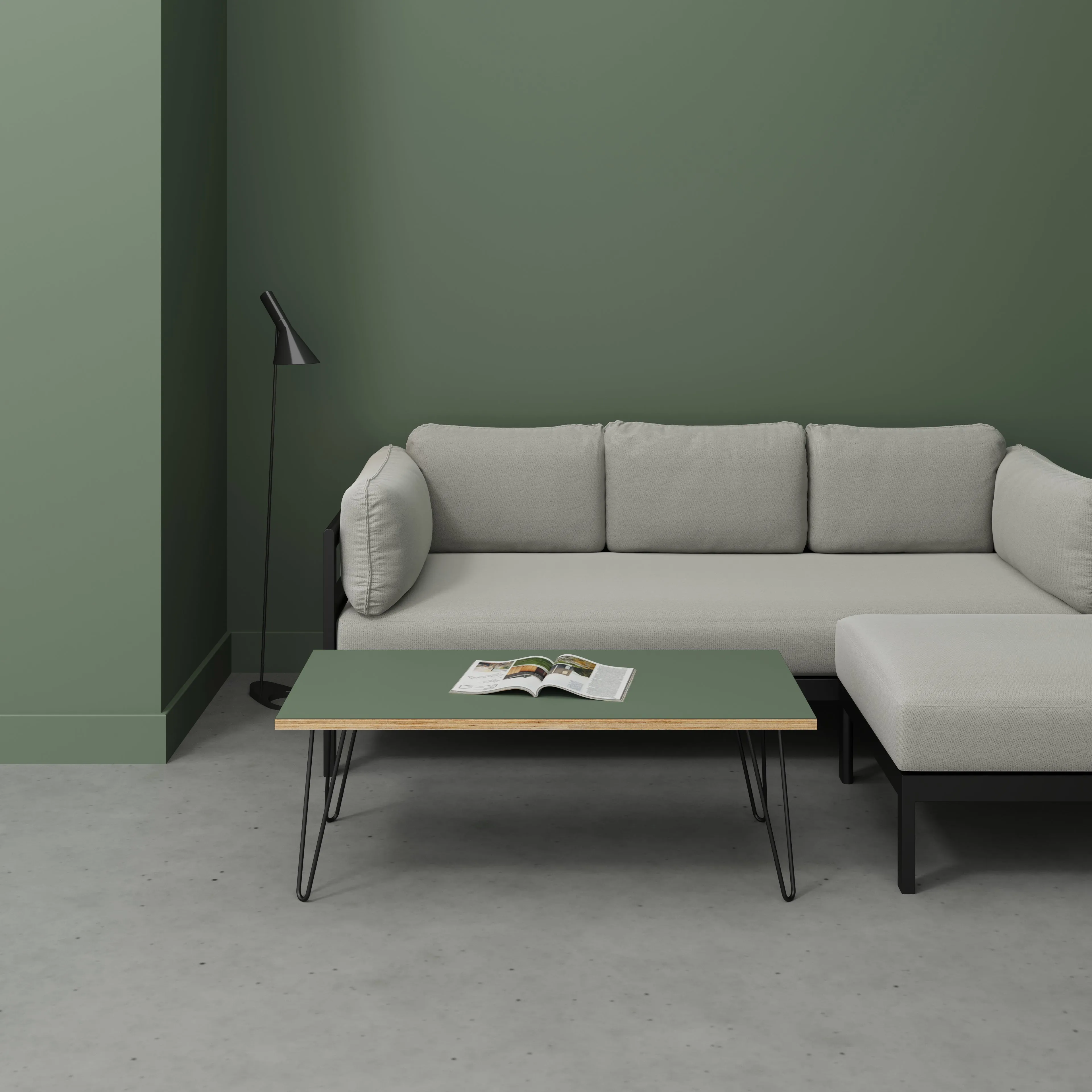 Plywood Coffee Table with Black Hairpin Legs - Formica Green Slate - 1200(w) x 600(d) x 425(h)
