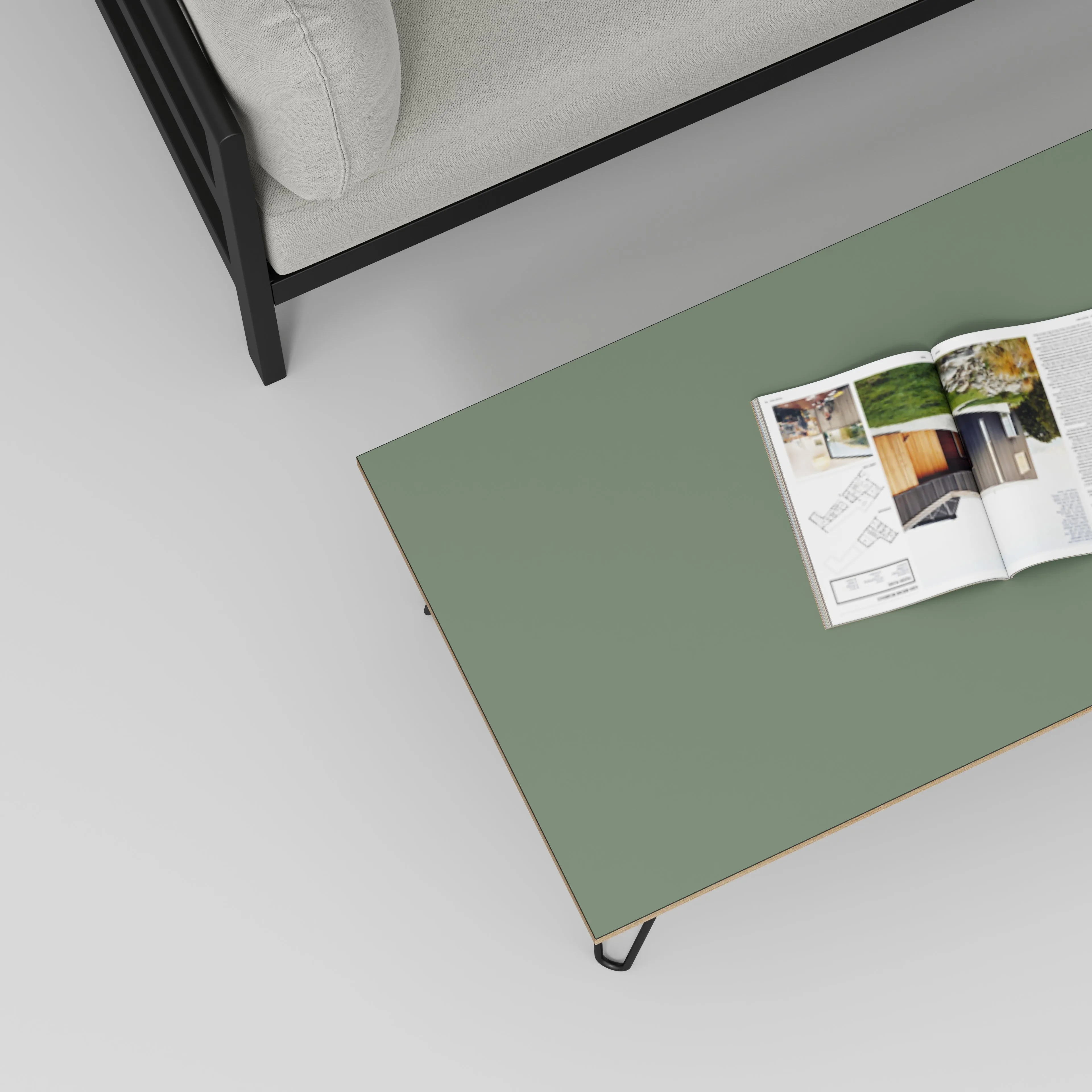 Plywood Coffee Table with Black Hairpin Legs - Formica Green Slate - 1200(w) x 600(d) x 425(h)