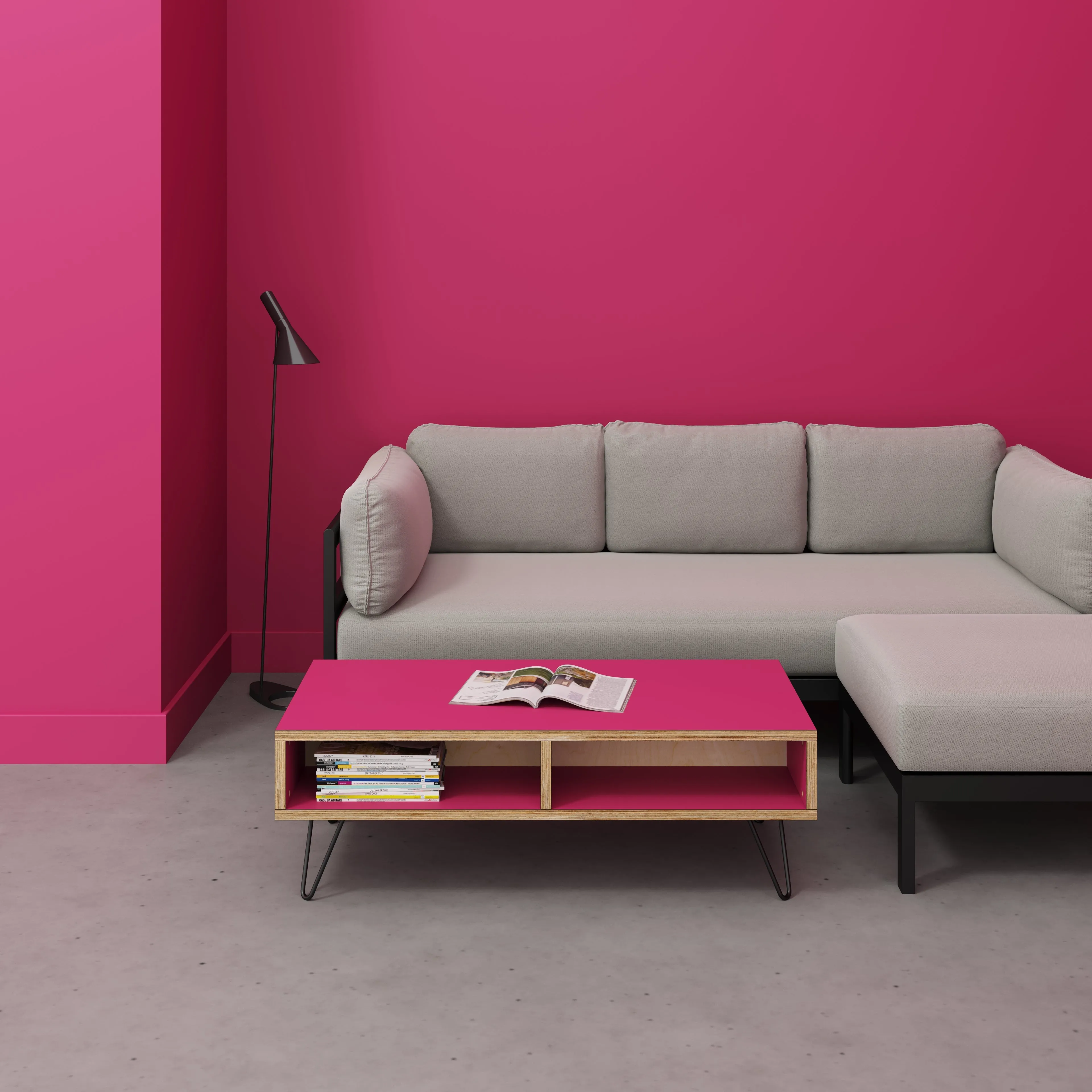 Plywood Coffee Table with Box Storage and Black Hairpin Legs - Formica Juicy Pink - 1200(w) x 600(d) x 400(h)
