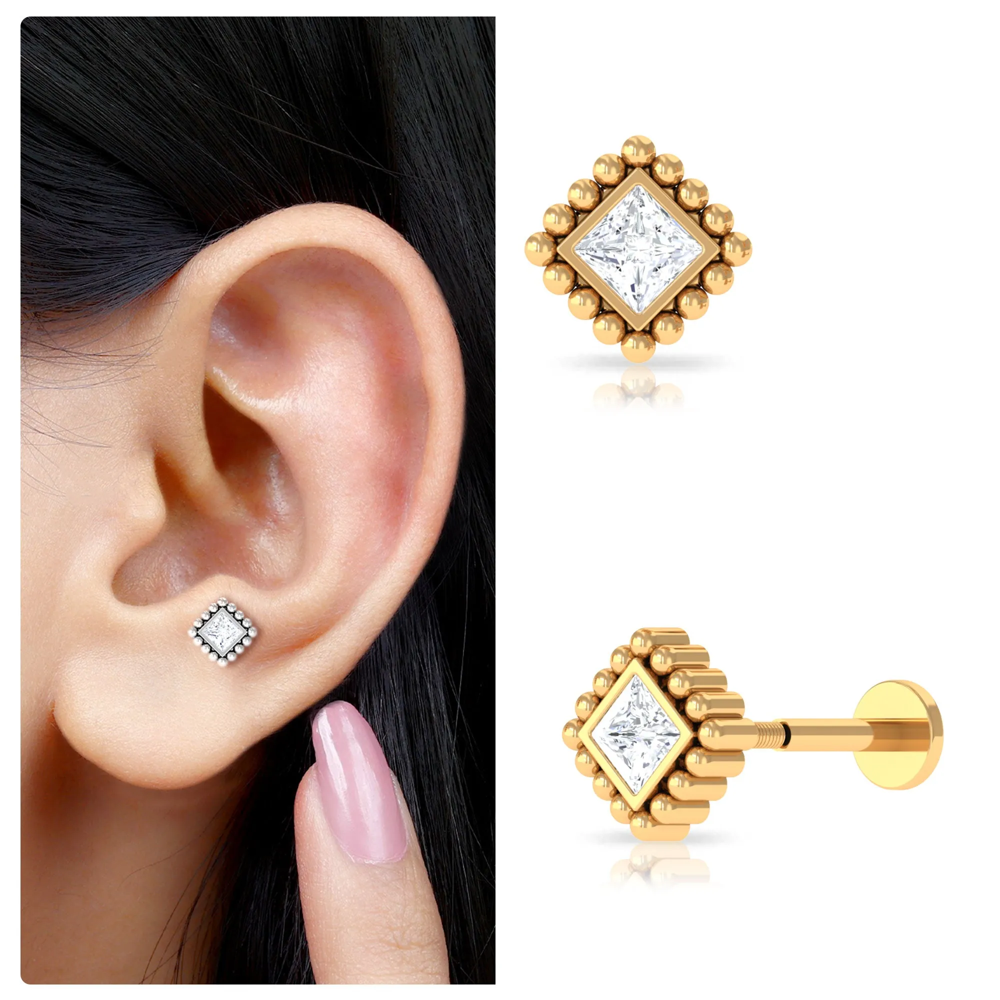 Princess Cut Moissanite Solitaire Helix Earring in Bezel Setting