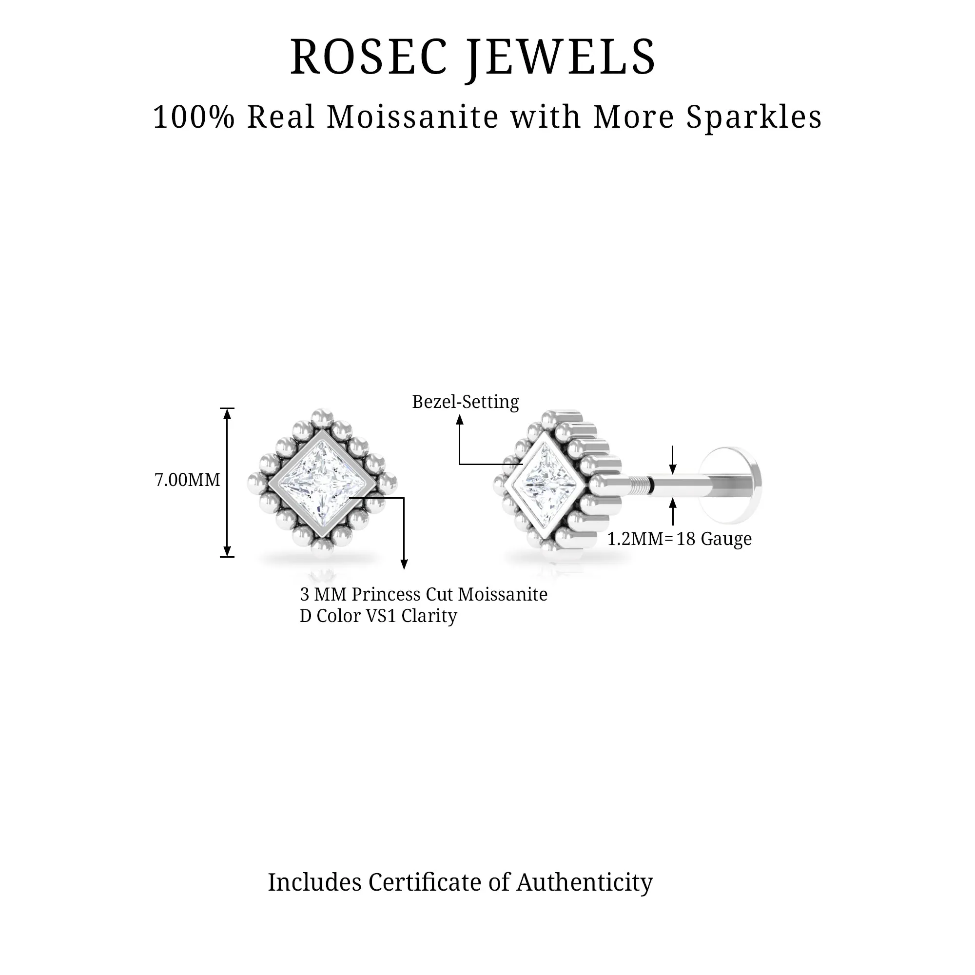 Princess Cut Moissanite Solitaire Helix Earring in Bezel Setting