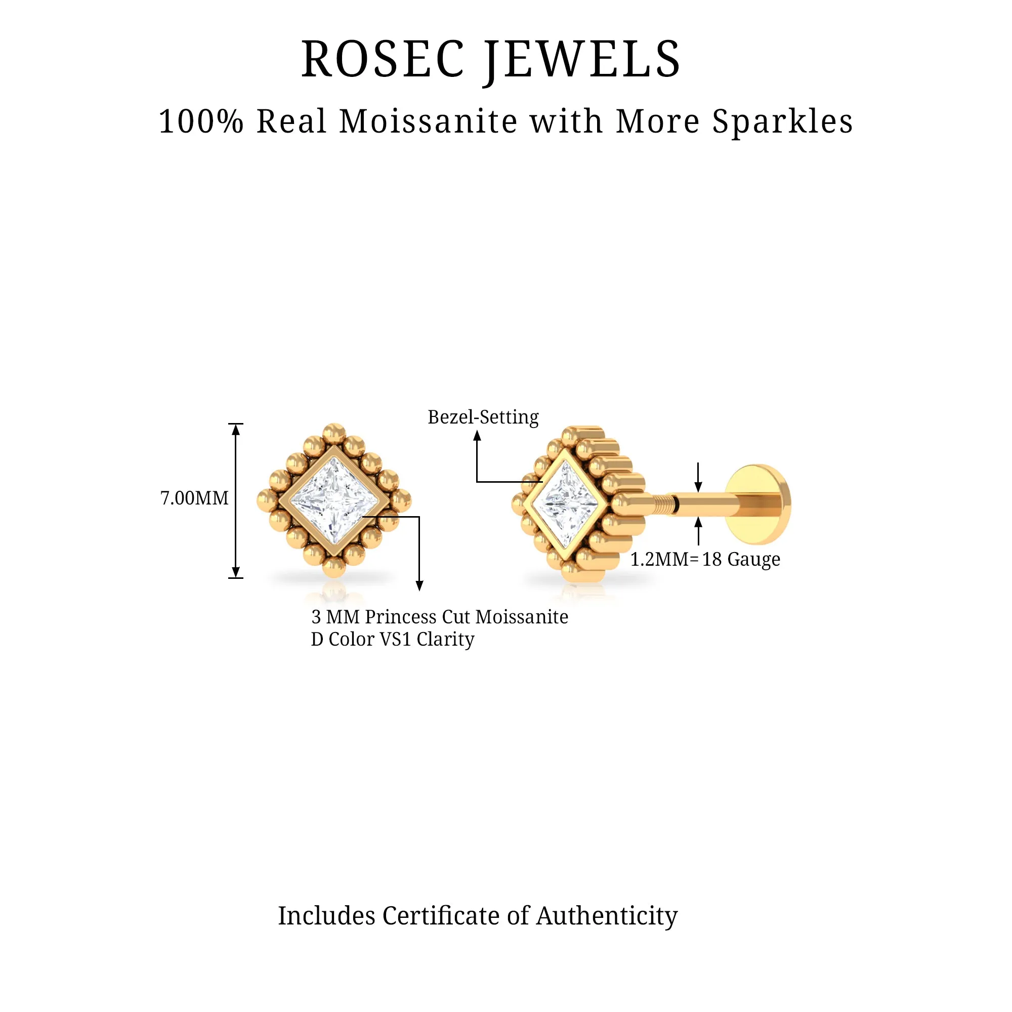 Princess Cut Moissanite Solitaire Helix Earring in Bezel Setting